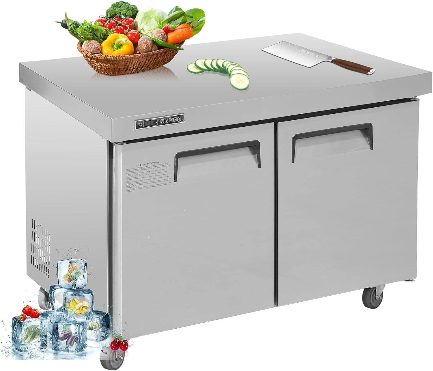 Front. GARVEE - 48" Stainless Steel Sandwich Prep Table Refrigerator Commercial Food Prep Fridge with Food Rail  Cooling Storage Counter - sliver.