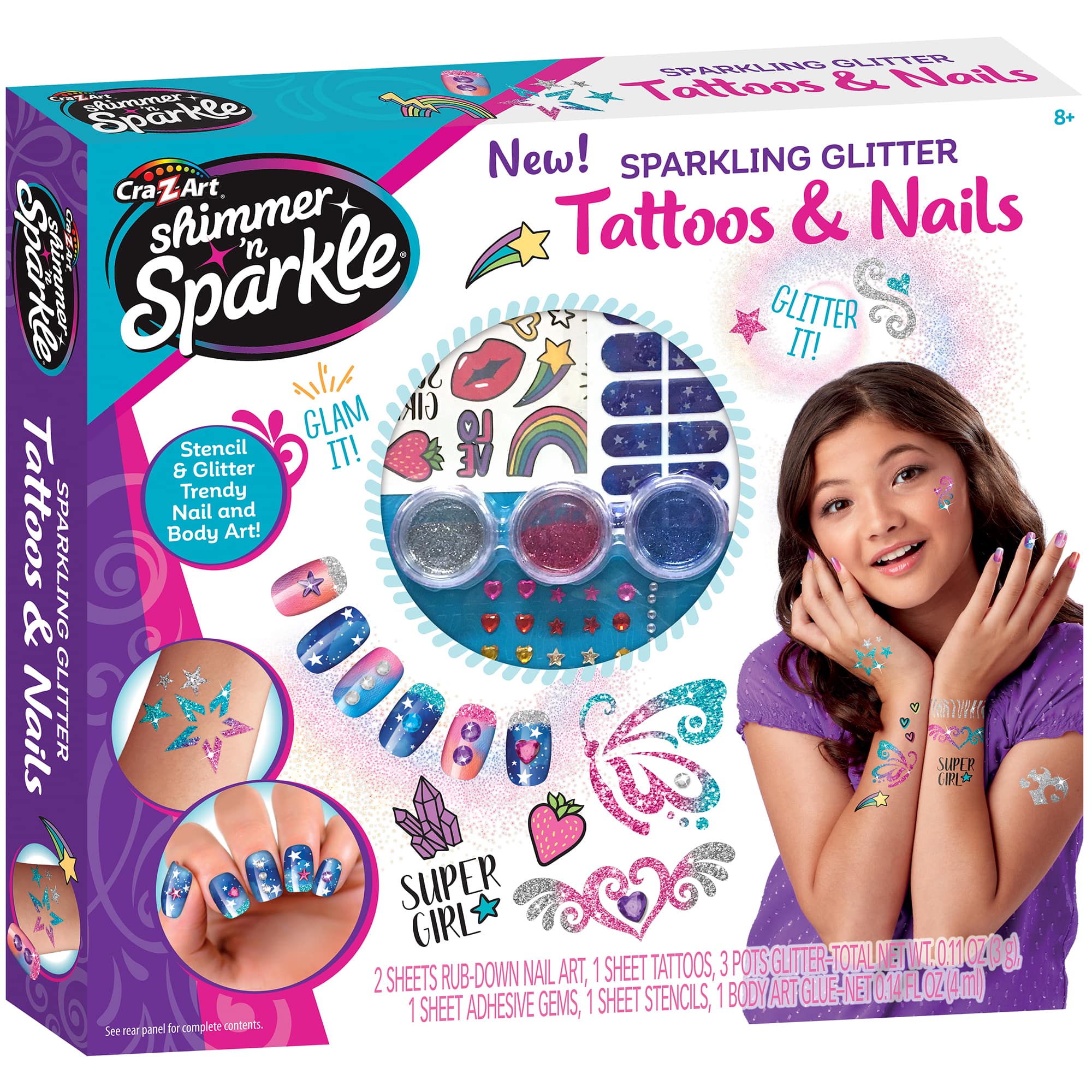 SPARKLING GLITTER Tattoos & Nails 'n Sparkle shimmer Sprkle GLITTER IT! GLAM GIRL 48 LO Stencil IT! & Glitter VE Trendy Tattoos SPARKLING Body Nail and Art! & Nails GLITTER RVPAK SUPE  P* SUPER GIRL 3 POTS GLITTER- TOTALI TOTALI NET WT. 0.11 OZ(3 gl 2 SHEETS RUB-DOWN NAIL ART, 1 SHEET TATTOOS, 1 BODY ART GLUE-NET GLUE NET 0.14 OZ(4m) OZ 1 SHEET ADHESIVE GEMS, 1 SHEET STENCILS, See 14.35 panel for complete contents.