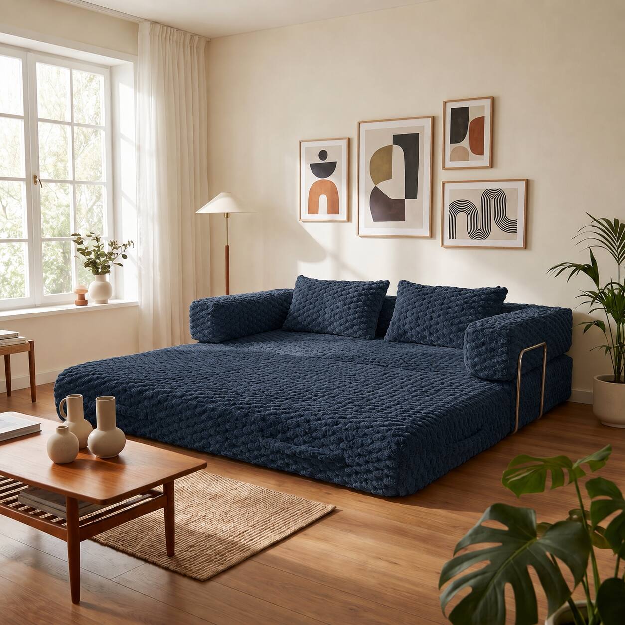 Alt View 8. Famapy - Convertible Folding Sofa Bed Couch 2-in-1 Loveseat with Plush Fabric Detachable Metal Support Brackets for Living Room - Navy Blue.