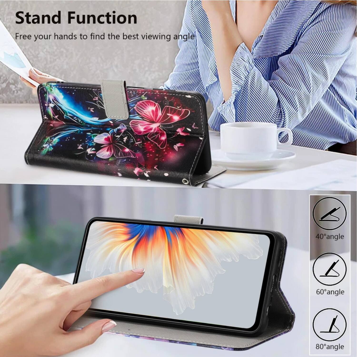 Stand Function  
Free your hands to find the best viewing angle  

40° angle  
60° angle  
80° angle