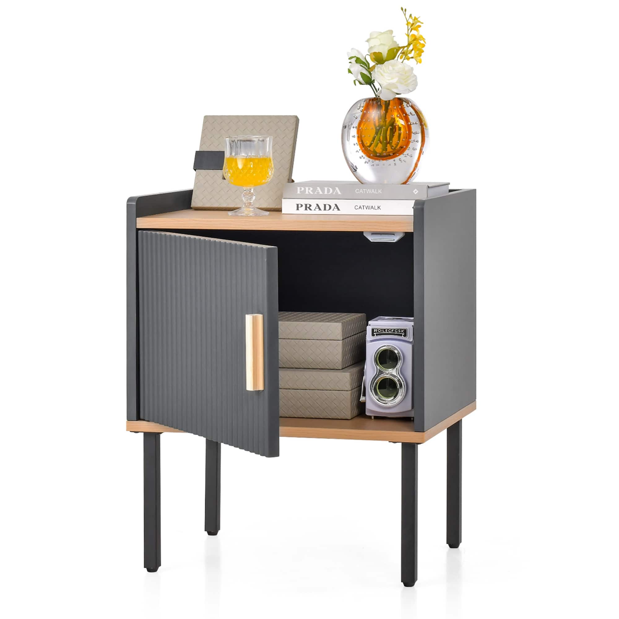 Costway - Nightstand Bedside End Table with Door Cabinet for Living Room Bedroom Grey - Gray/Natural