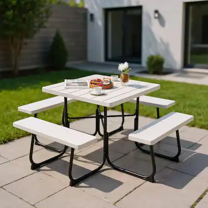 Front. Kadyn - Outdoor Picnic Table with 4 Benches and Umbrella Hole,Patio Dining Table for Outside Patio,Living Room, White - Black.