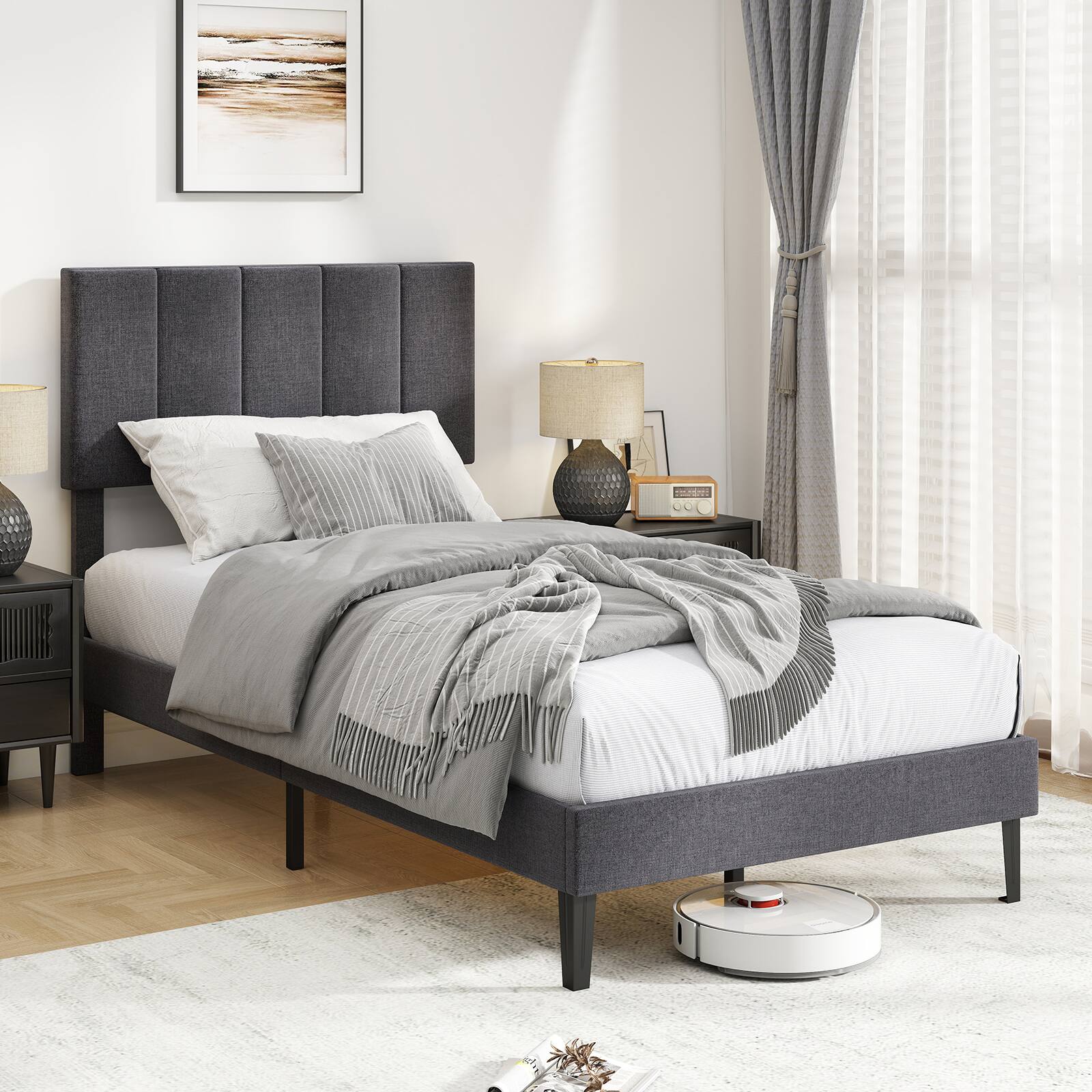 Alt View 1. Costway - Costway Twin Size Bed Frame,Linen Upholstered Platform Bed with Height Adjustable Headboard - Gray.