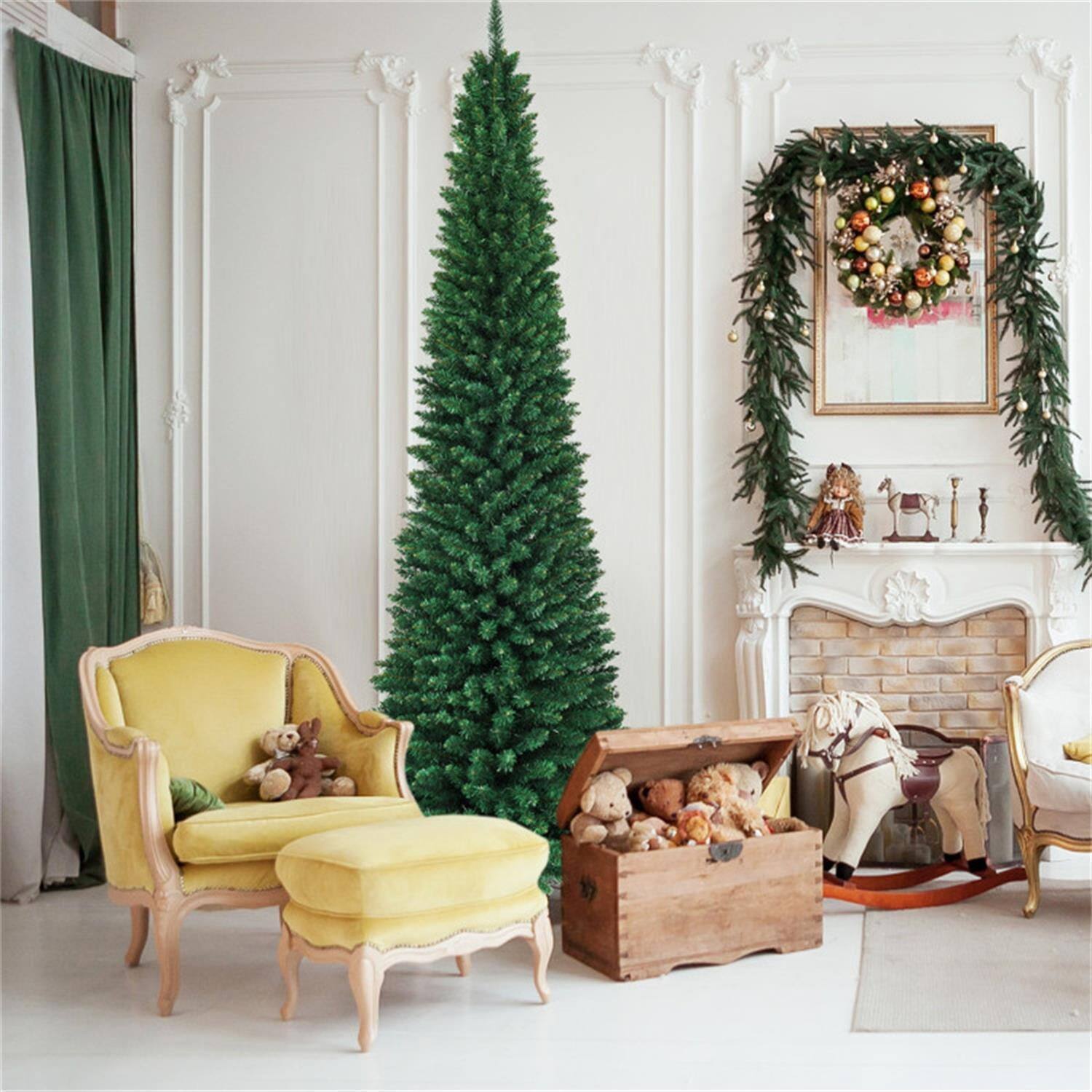 Alt View 4. Pefilos - 9ft Tall Slim Pencil Christmas Tree with 1500 PVC Branches, Realistic Flocked Finish for Small Spaces, Compact Xmas Tree - Green.