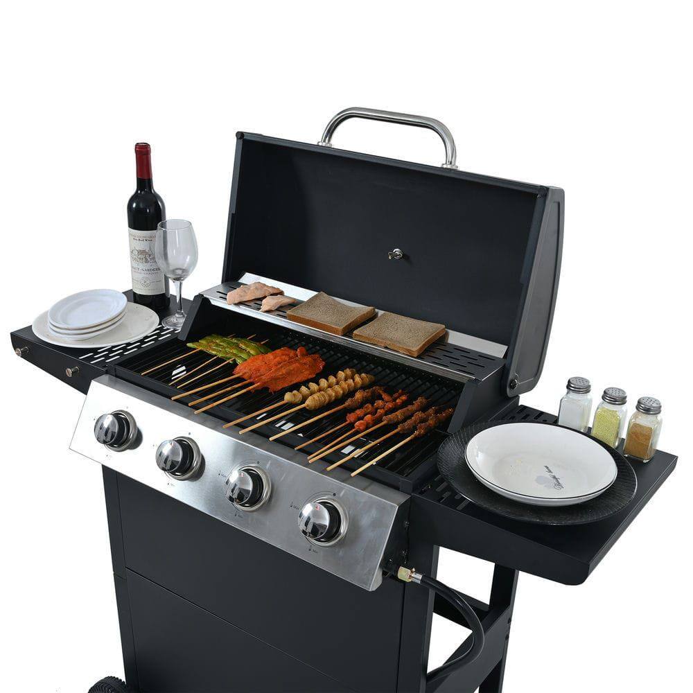 Back. Resenkos - Propane Gas Grill 4 Burner Barbecue Grill, Stainless Steel 34,000 BTU Patio Garden Barbecue Grill, Black.
