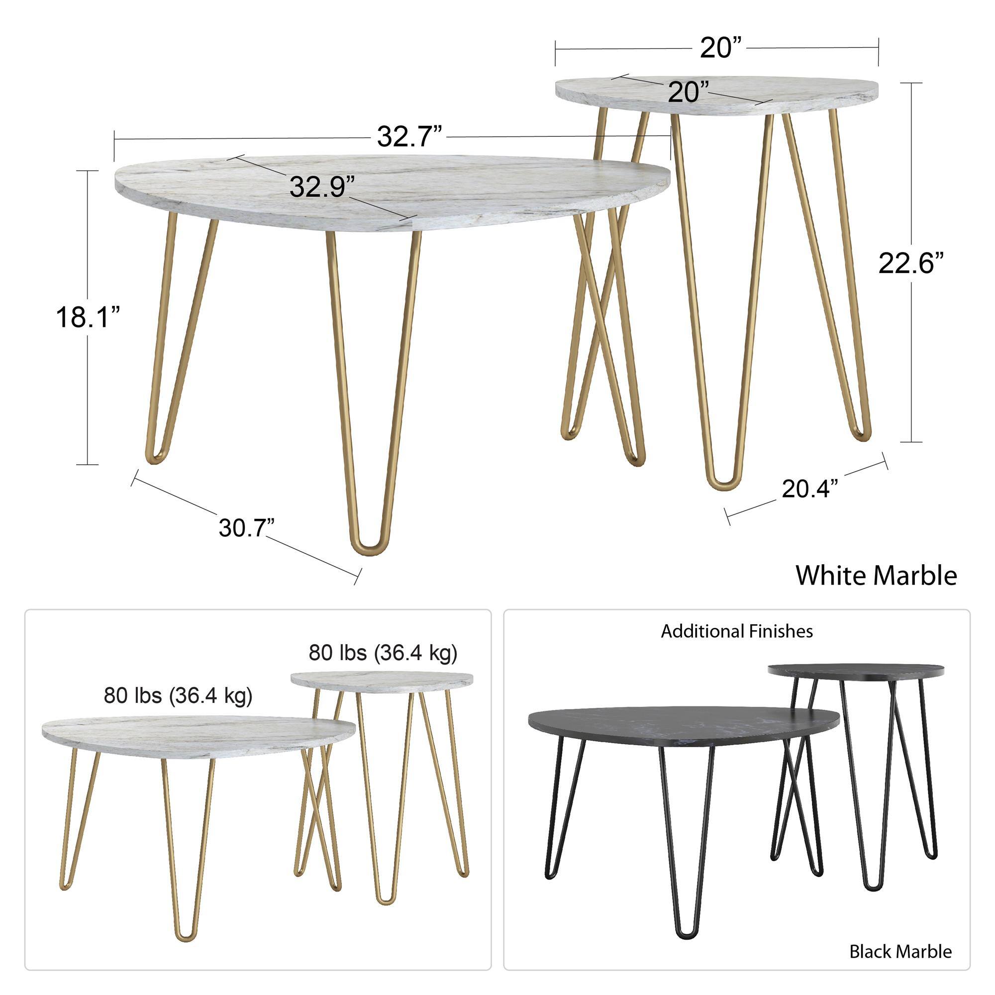 - **Dimensions:**
  - Large Table: 32.7" diameter, 30.7" height, 18.1" leg height
  - Small Table: 20" diameter, 22.6" height, 20.4" leg height

- **Weight:**
  - 80 lbs (36.4 kg)

- **Material:**
  - White Marble

- **Additional Finishes:**
  - Black Marble