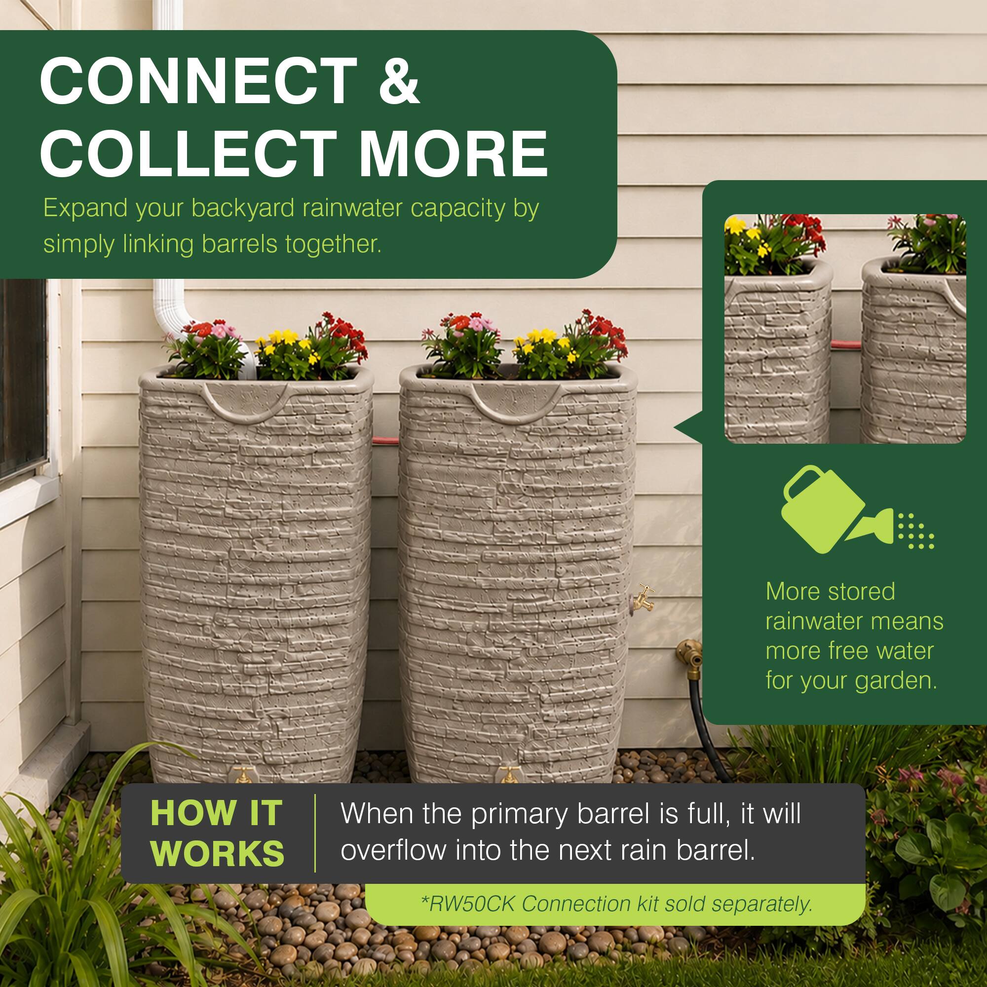 CONNECT & COLLECT MORE  
Expand your backyard rainwater capacity by simply linking barrels together.  

HOW IT WORKS  
When the primary barrel is full, it will overflow into the next rain barrel.  
*RW50CK Connection kit sold separately.  

More stored rainwater means more free water for your garden.