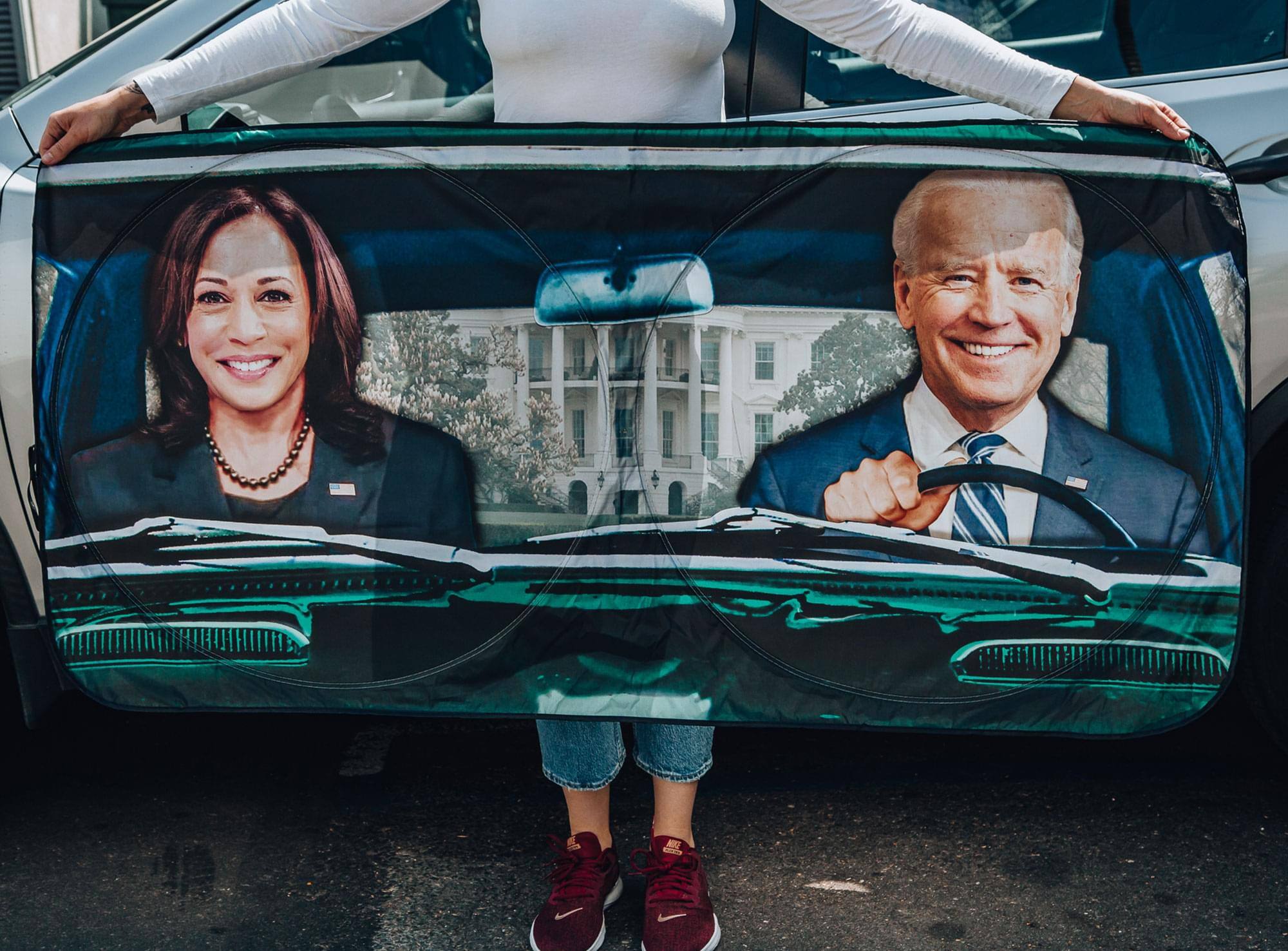 Alt View 2. Surreal Entertainment - President Biden and VP Harris Sunshade for Car Windshield | 64 x 32 Inches - Blue.