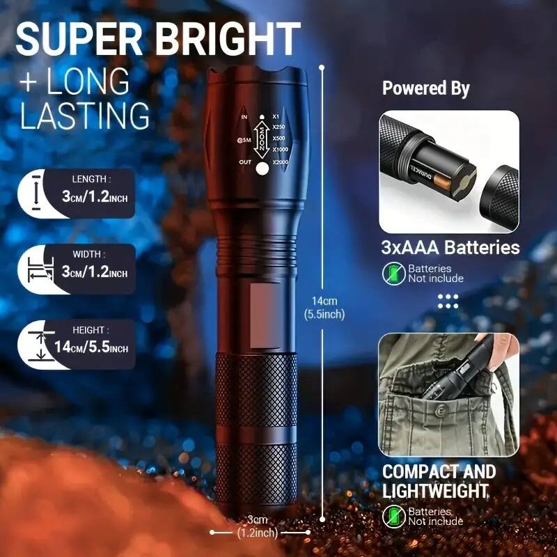 Cluzine Tactical LED Flashlight,IP65 Waterproof, Aluminum Alloy, 3xAAA ...