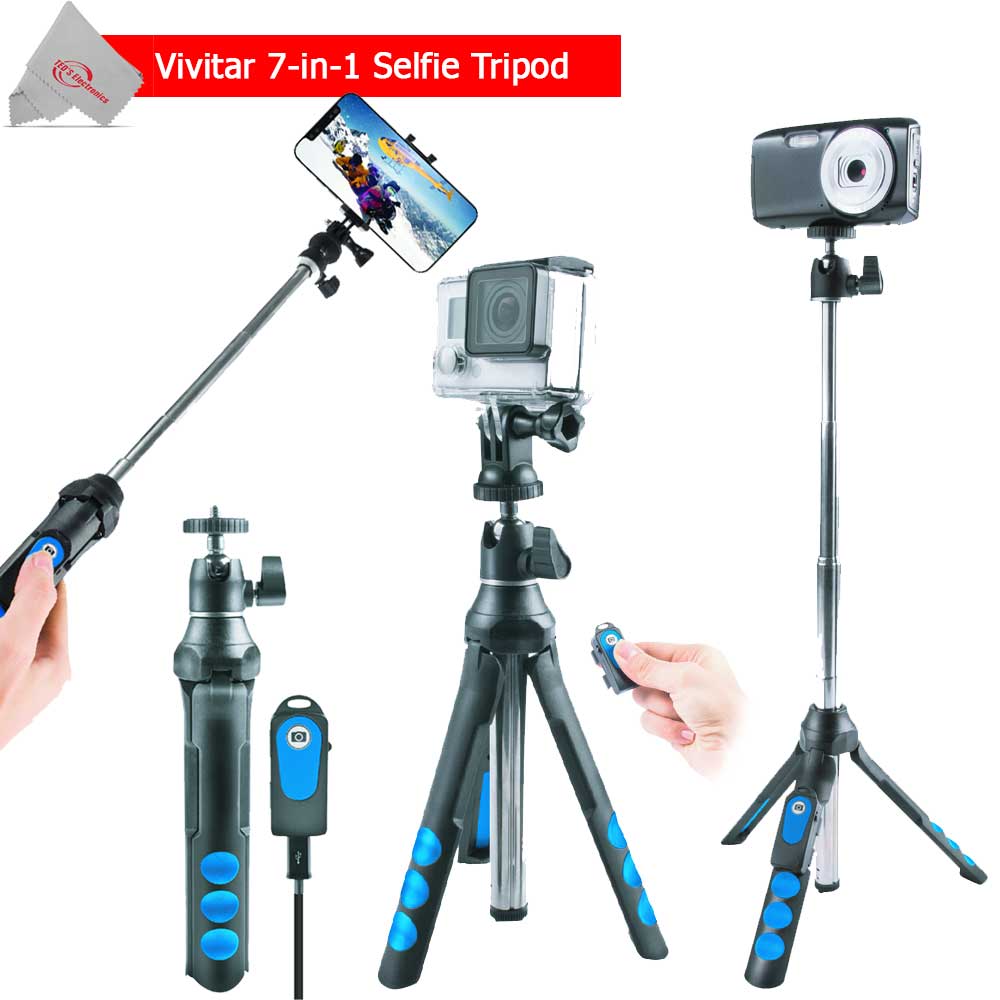 Vivitar - 7-in-1 Streaming Essentials Selfie Tripod Selfie Stick with Wireless Remote for Smartphones Cameras and GoPro - Black