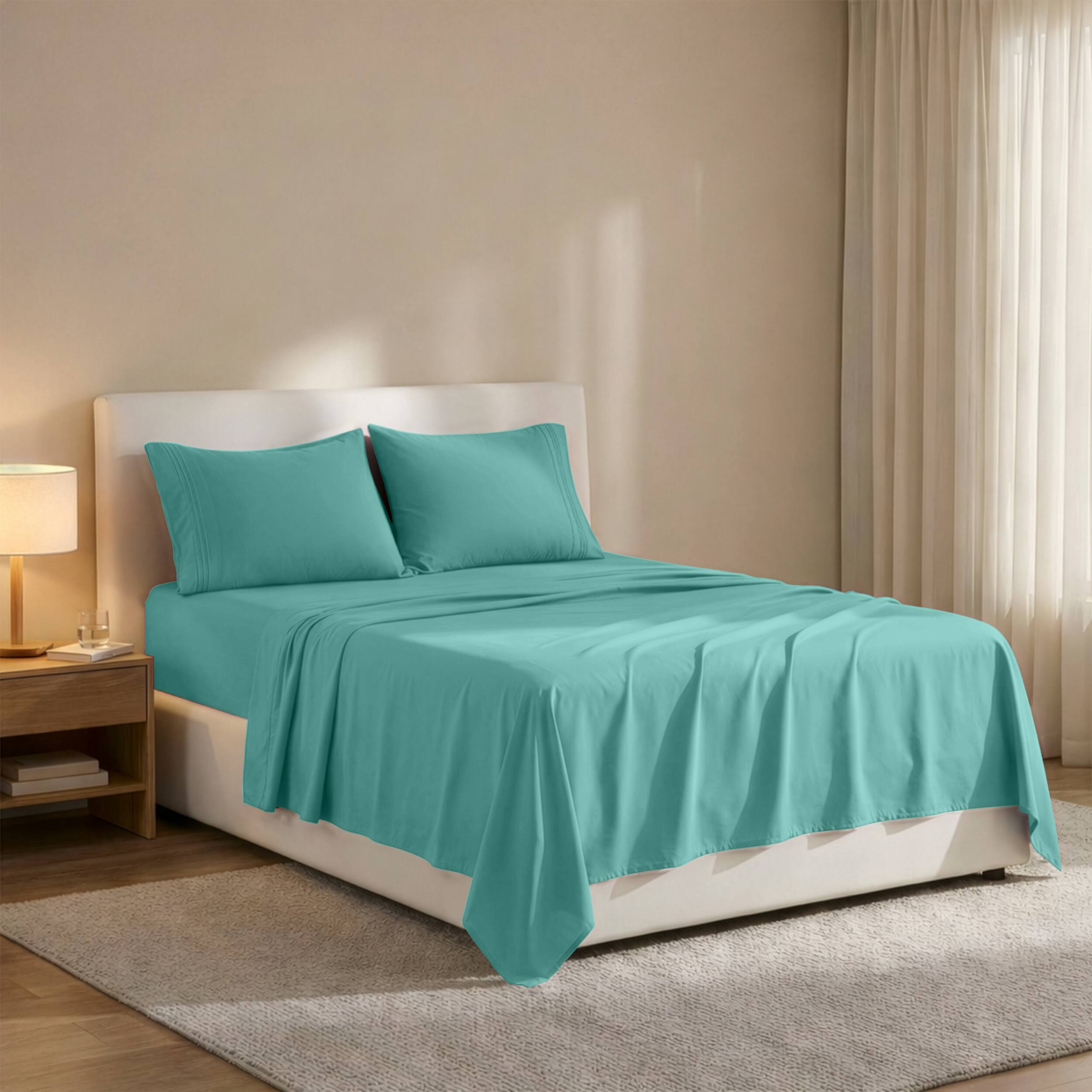 Angle. Lux Decor Collection - 4-Piece King Bed Sheet Set, Ultra Soft Microfiber, Deep Pocket, Wrinkle-Resistant, Hypoallergenic, All-Season Comfort - Teal.