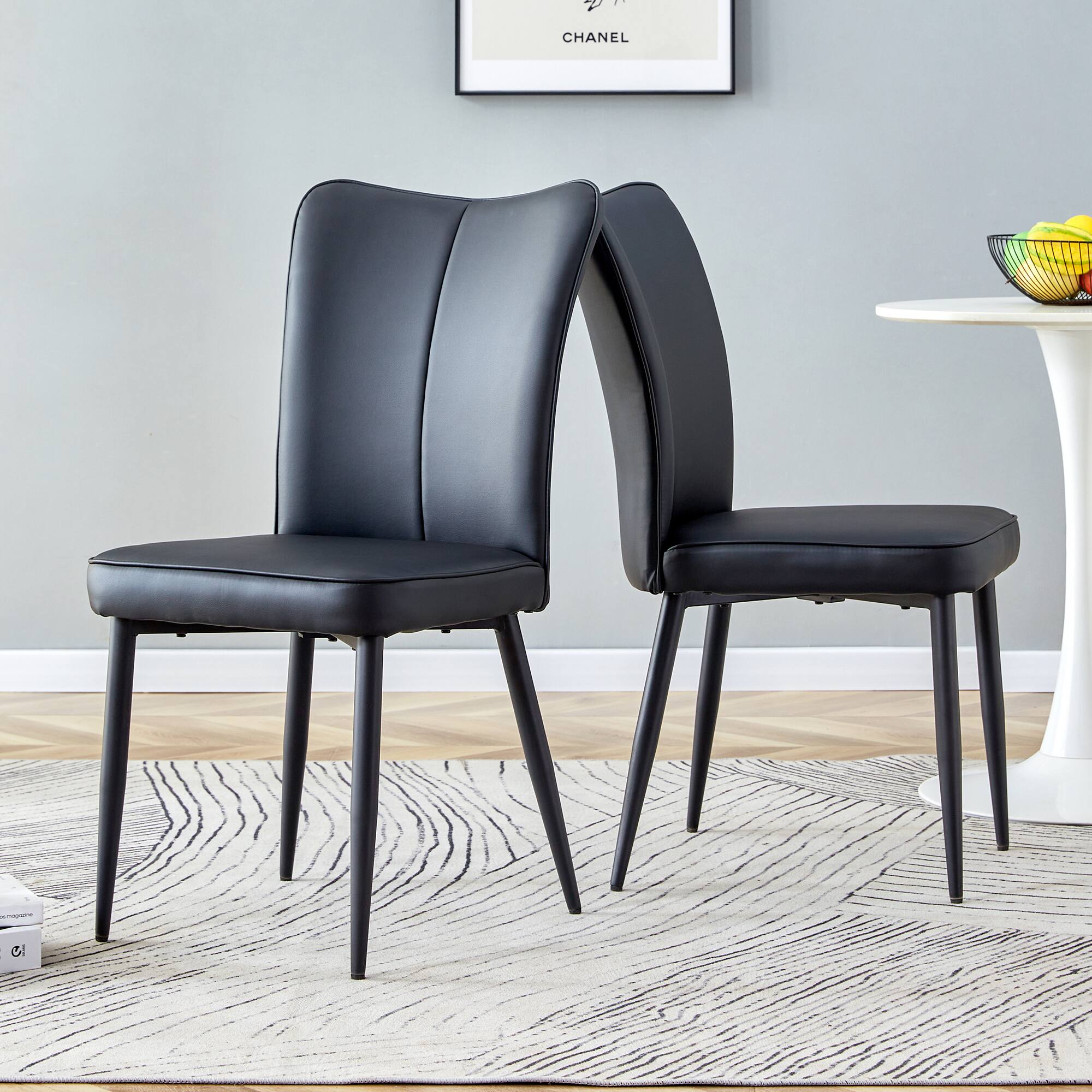 Alt View 1. Glintex - Modern PU Chair Set - Two Pieces, The backrest has a vertical and smooth line design.Metal Leg. - Black.
