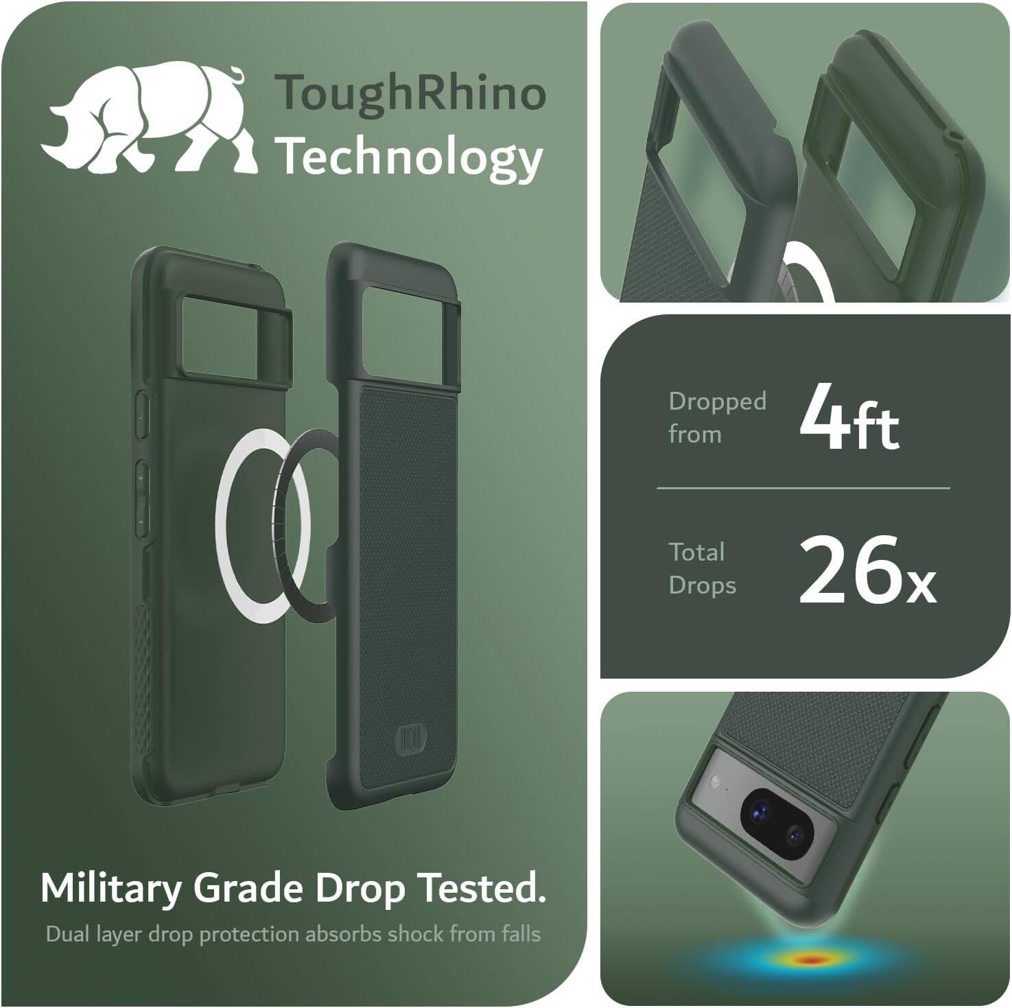 ToughRhino Technology

Military Grade Drop Tested.
Dual layer drop protection absorbs shock from falls.

Dropped from 4ft
Total Drops 26x