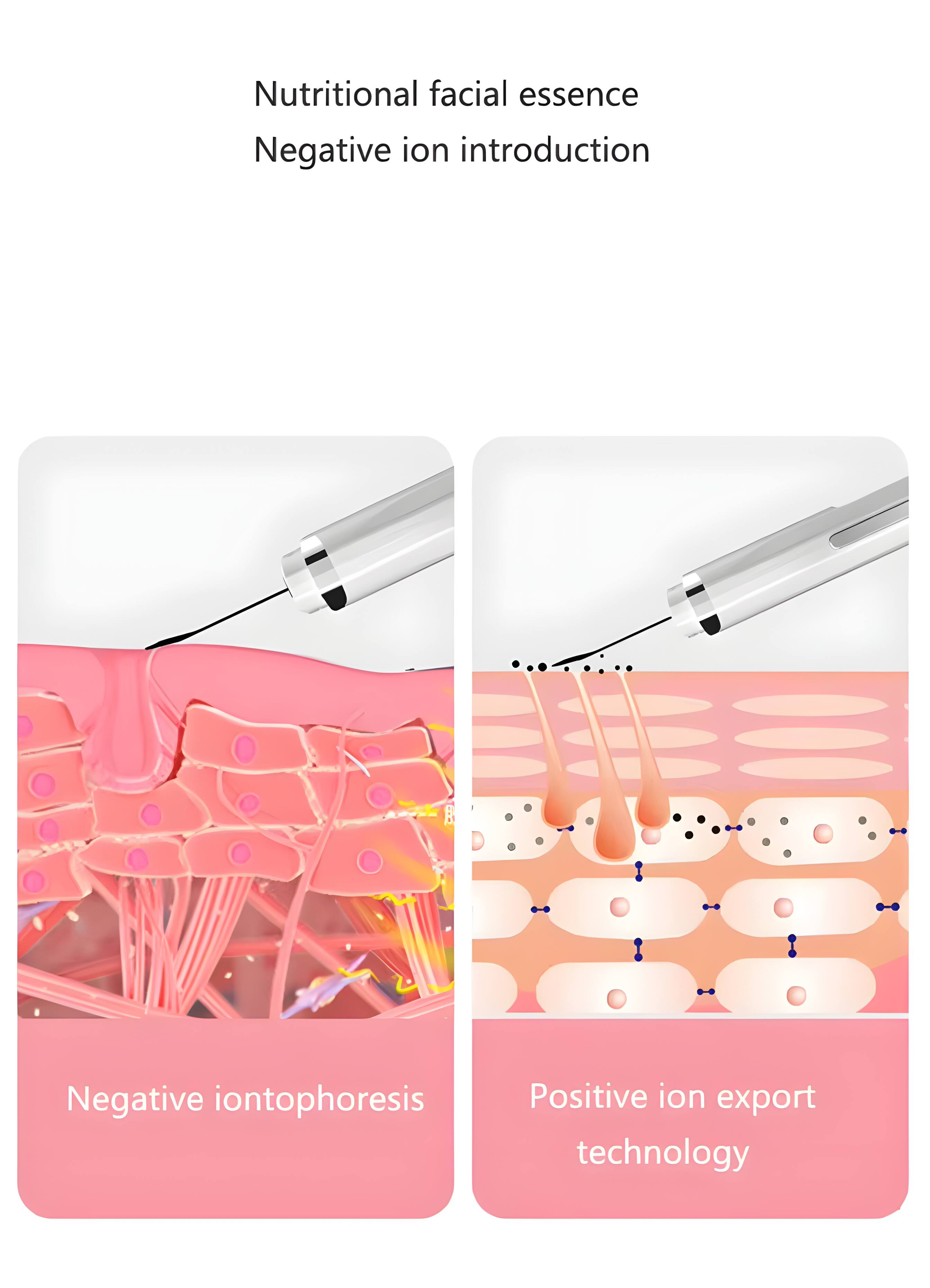 Nutritional facial essence  
Negative ion introduction  
Negative iontophoresis  
Positive ion export technology