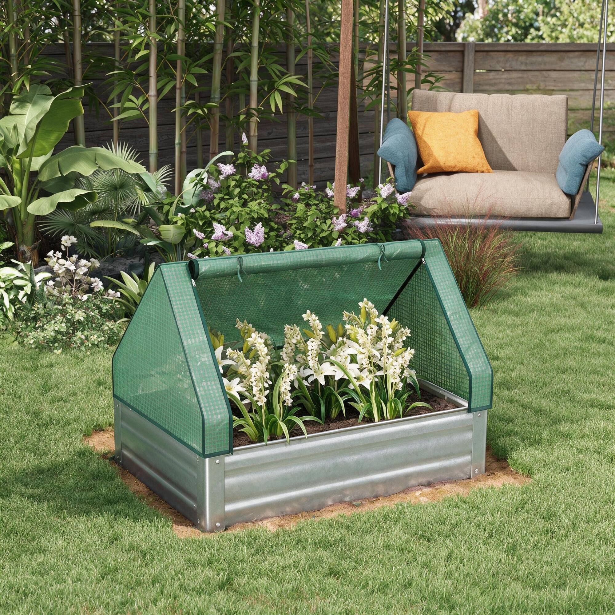 Alt View 1. RYHNUYNE - Raised Garden Bed with Mini Greenhouse, Galvanized Steel Planter Box with Cover for Herbs and Vegetables, Outdoor - Green.