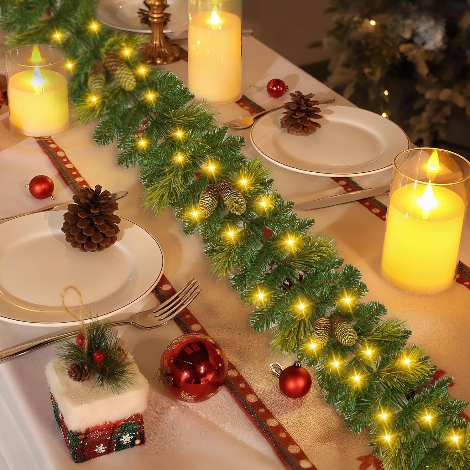 Angle. Qeetex - 6FT B Pre-Lit White LED Lights Holiday Christmas 6-Piece Set - Tree Garland Wreath Swags Christmas Decorations Set of 6 - Green.