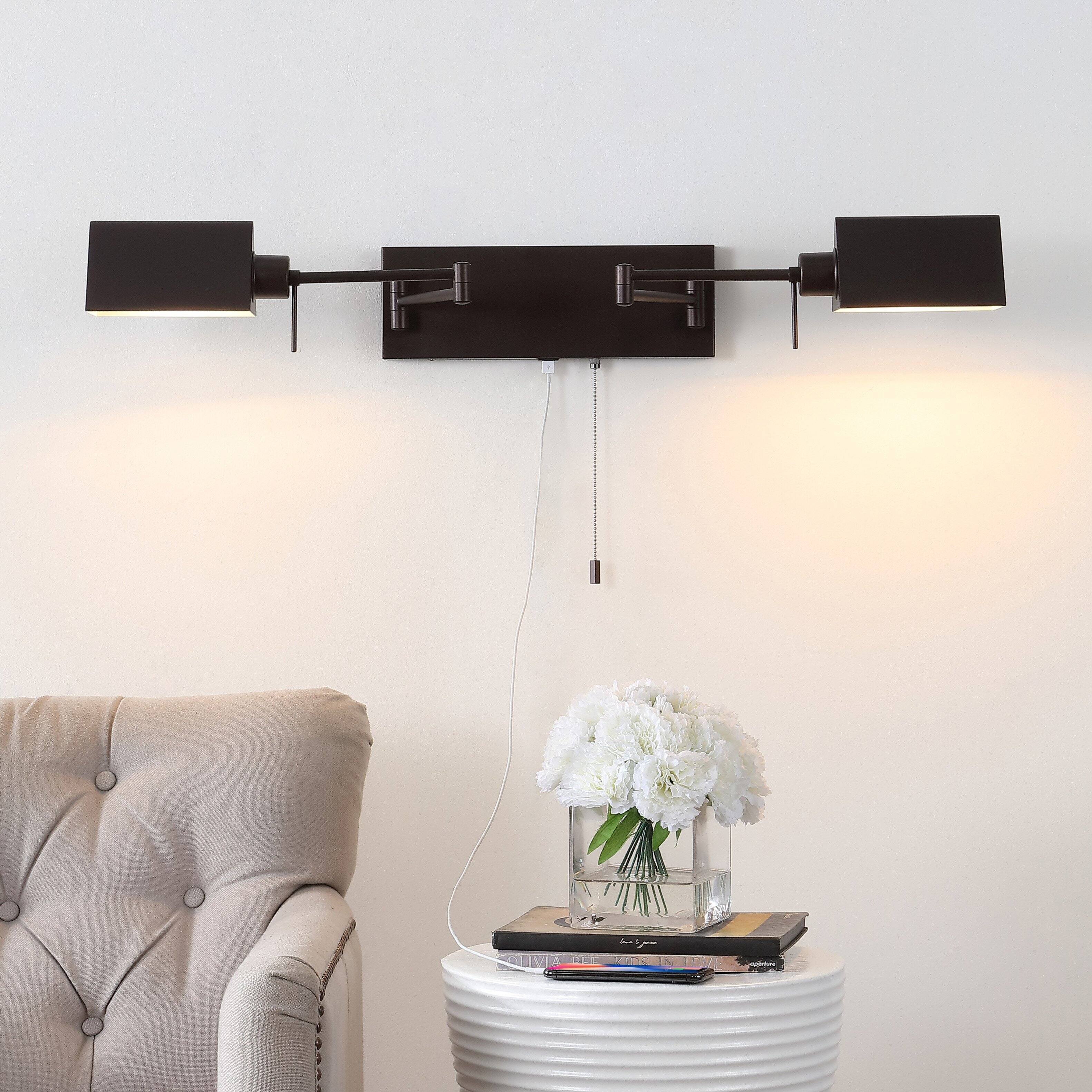 Alt View 1. Jonathan Y - Arlo 54" 2-Light Double Swing Arm Iron LED Wall Sconce with Pull-Chain USB Charging Port, Oil Rubbed Bronze - Oil Rubbed Bronze.
