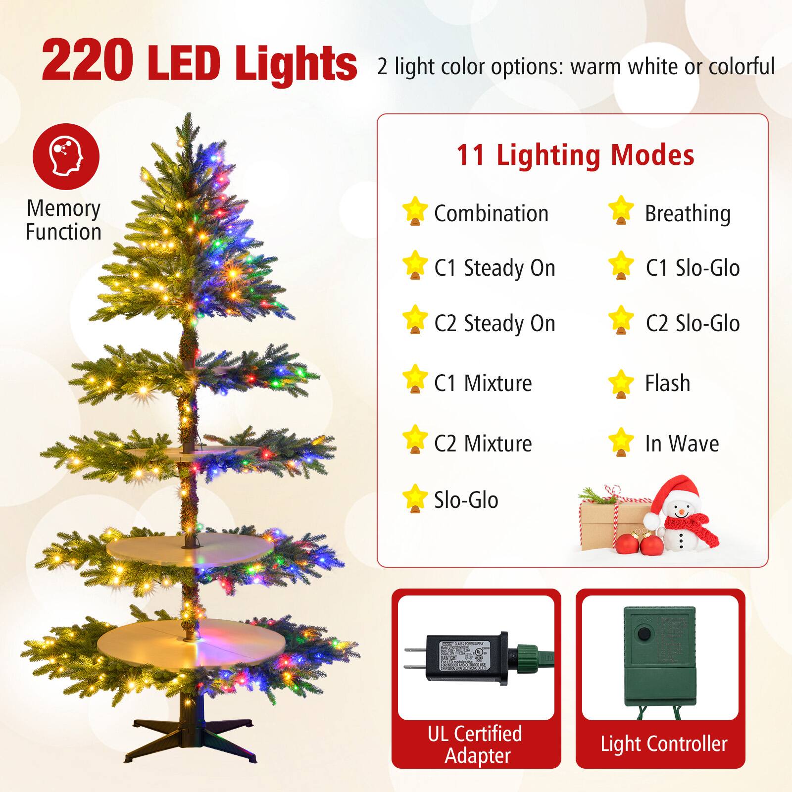 220 LED Lights  
2 light color options: warm white or colorful  

Memory Function  

11 Lighting Modes  
- Combination  
- C1 Steady On  
- C2 Steady On  
- C1 Mixture  
- C2 Mixture  
- Slo-Glo  
- Breathing  
- C1 Slo-Glo  
- C2 Slo-Glo  
- Flash  
- In Wave  

UL Certified Adapter  
Light Controller