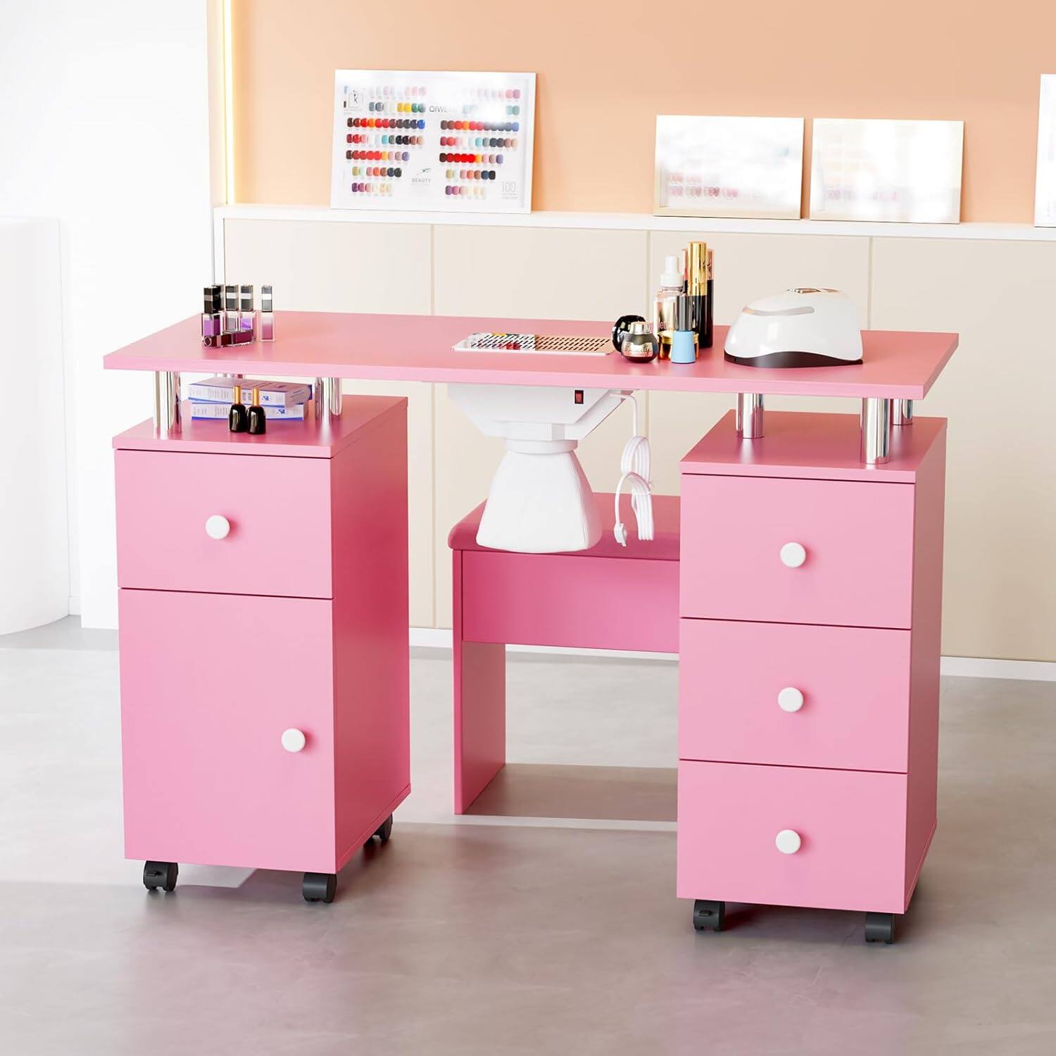 Alt View 3. Winado - Nail Desk and Chair Set, Manicure Table with Stool, Dust Collector, Arm Rest, Wheels, Drawers, Cabinet for Makeup Beauty - Pink.