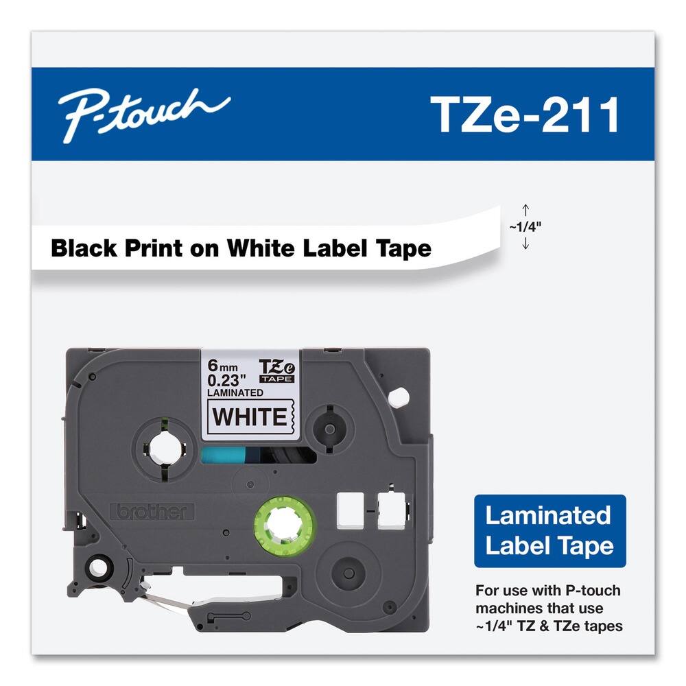 P-touch  
TZe-211  

Black Print on White Label Tape  

6 mm  
0.23"  
LAMINATED  
WHITE  

Laminated Label Tape  
For use with P-touch machines that use ~1/4" TZ & TZe tapes