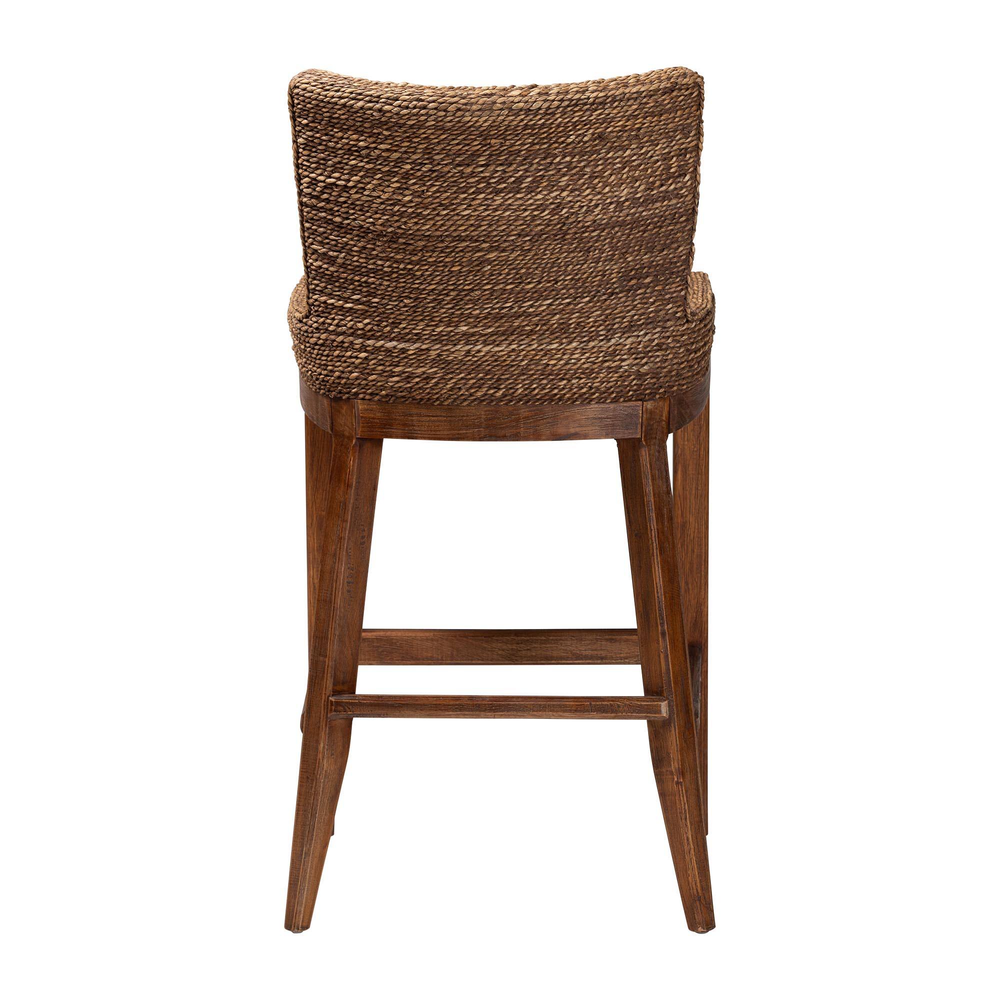 Back. bali & pari - Ridley Seagrass Bar Stool with Mahogany Wood Frame - Seating with Woven Square Back and Cushioned Seat - Brown Wash.