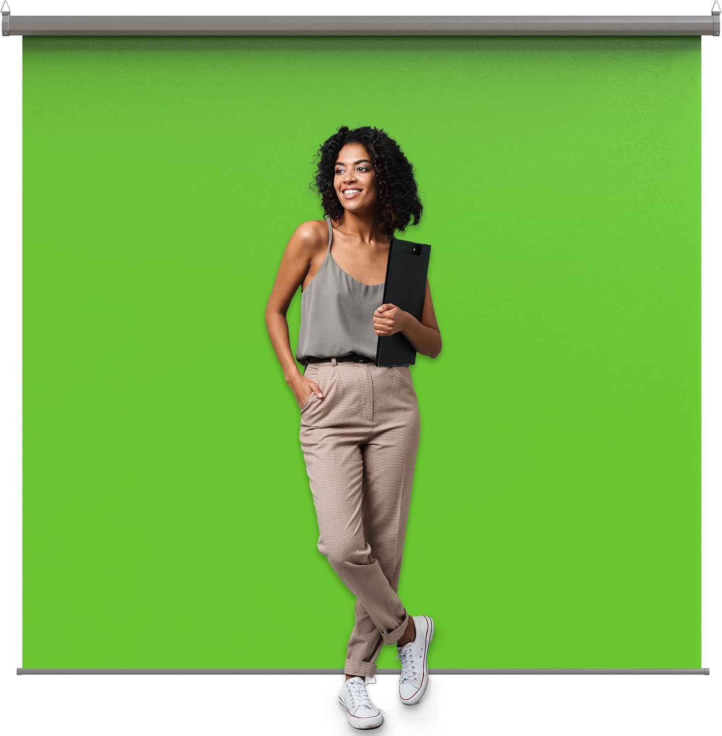 Front. KHOMO GEAR - Green Screen 84 x 84 in – XL Pull-Down Backdrop with Gray Case for Studio, Streaming & Content.