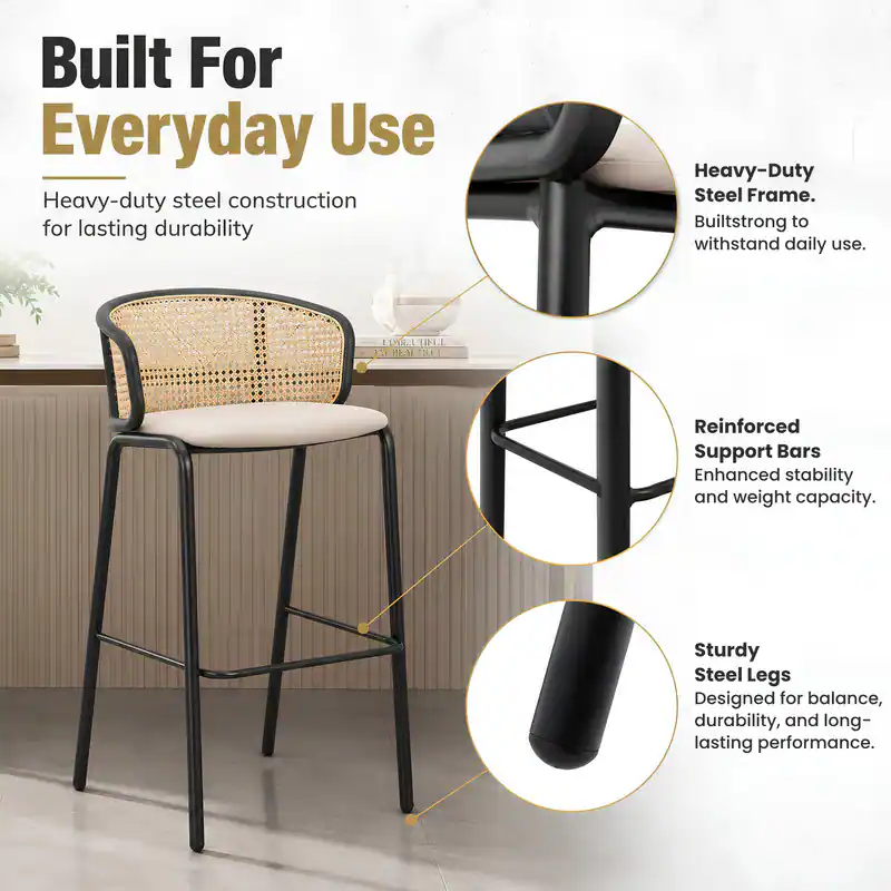 Stool Built In LeisureMod Ervilla Mid Century Modern Wicker Bar Stool, Fabric Seat ...