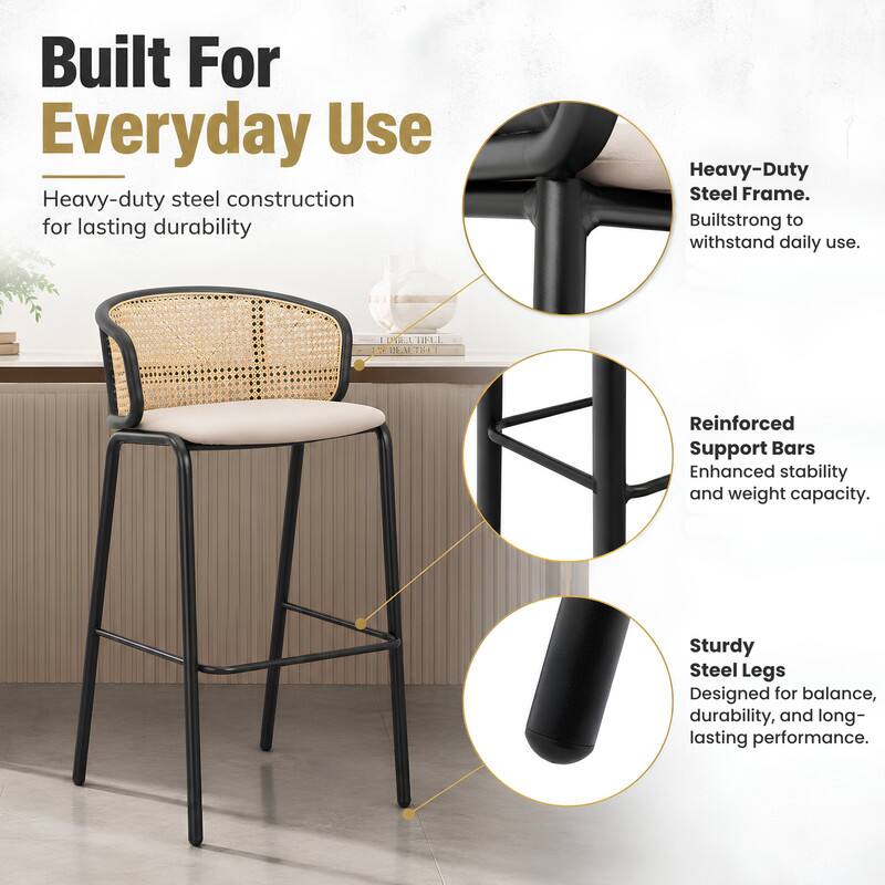 LeisureMod Ervilla Mid Century Modern Wicker Bar Stool, Fabric Seat ...