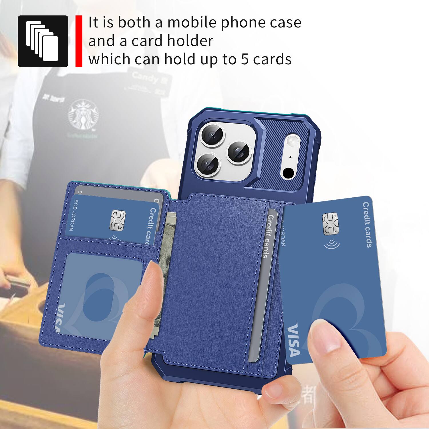 It is both a mobile phone case and a card holder which can hold up to 5 cards.