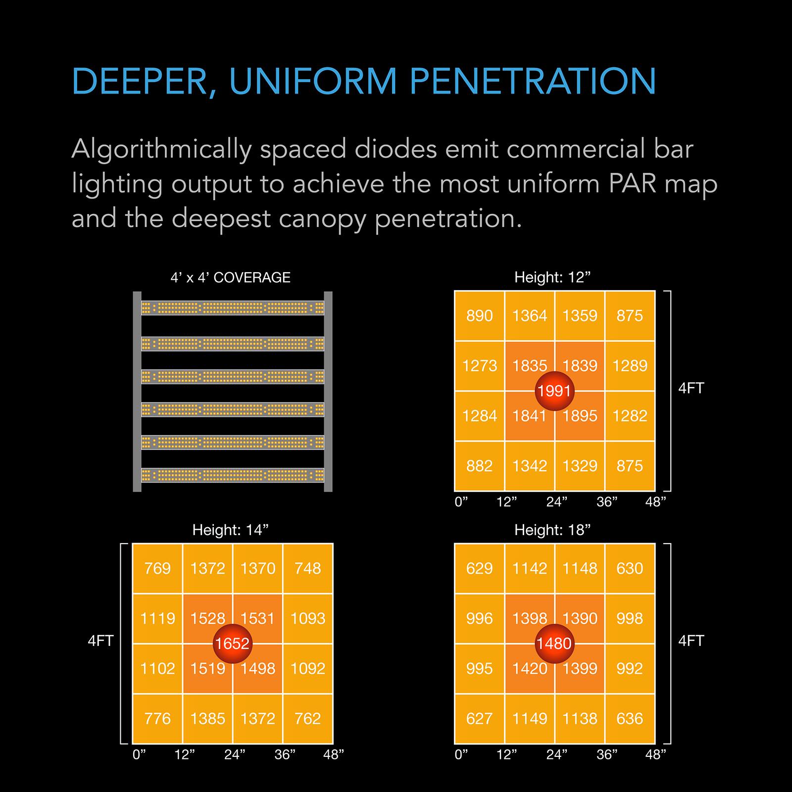 DEEPER, UNIFORM PENETRATION

Algorithmically spaced diodes emit commercial bar lighting output to achieve the most uniform PAR map and the deepest canopy penetration.

4' X 4' COVERAGE

Height: 12"
890 1364 1359 875
1273 1835 1839 1289 1991
1284 1841 1895 1282
882 1342 1329 875
0" 12" 24" 36" 48"

Height: 14"
769 1372 1370 748
1119 1528 1531 1093 1652
1102 1519 1498 1092
776 1385 1372 762
0" 12" 24" 36" 48"

Height: 1