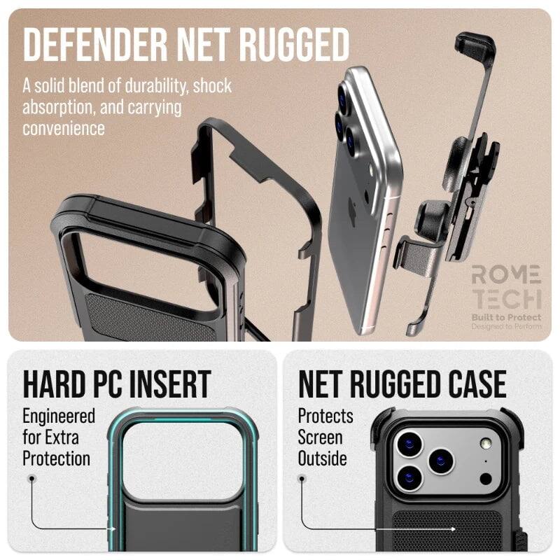 DEFENDER NET RUGGED  
A solid blend of durability, shock absorption, and carrying convenience  

ROVE TECH  
Built to Protect  
Designed to Perform  

HARD PC INSERT  
Engineered for Extra Protection  

NET RUGGED CASE  
Protects Screen Outside