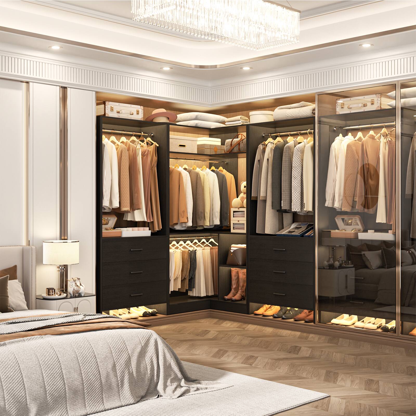 Back. Aheaplus - 55.2'' - 80.9'' W Corner Closet Organizer System with 6 Wooden Drawers and 4 Hanging Rods - Black.