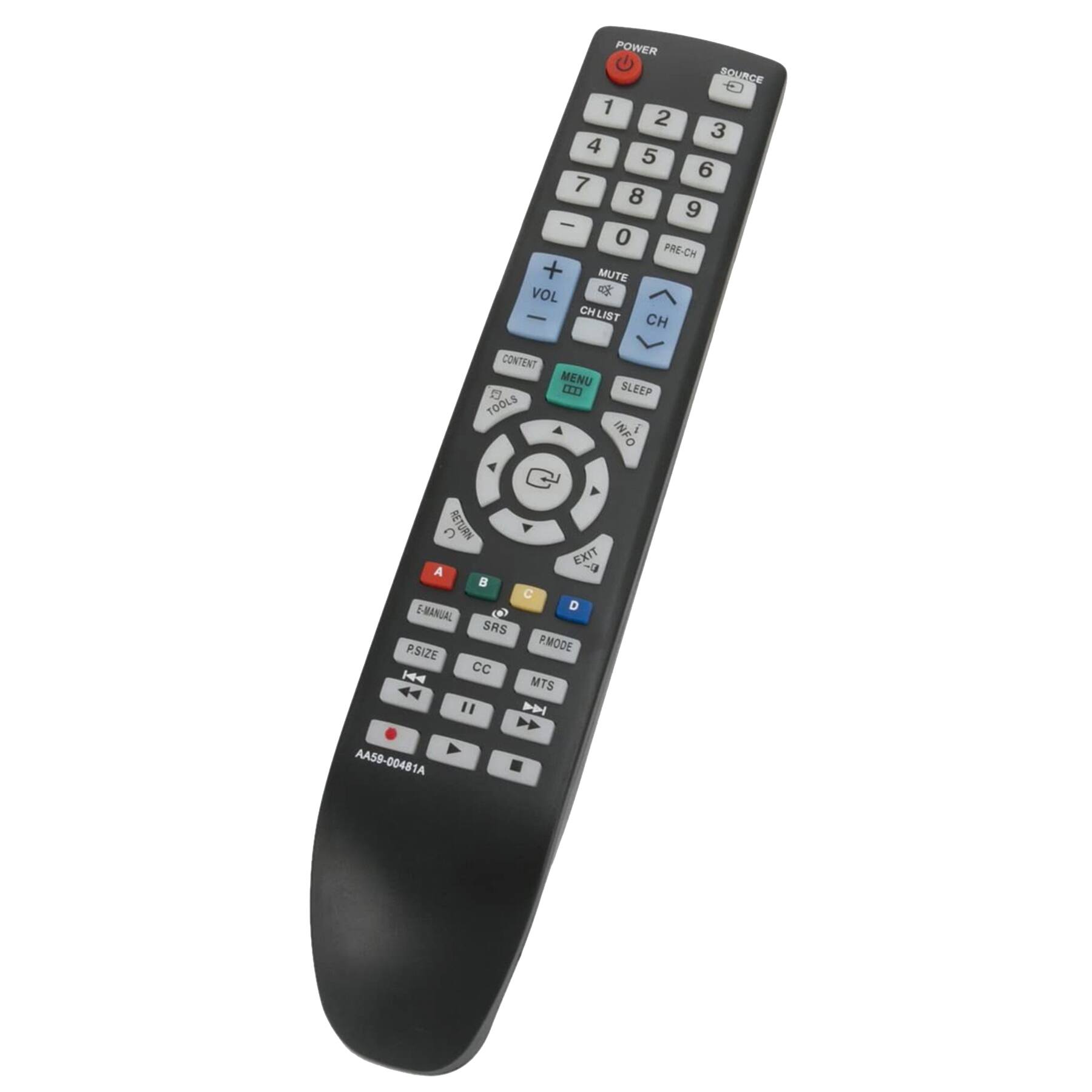 POWER SOURCE 1 2 3 4 5 6 7 8 9 0 PRE-CH MUTE VOL CH LIST CH CONTENT MENU D SLEEP TOOLS INFO RETURN EXIT A B C D E-MANUAL SRS P.SIZE PMODE CC MTS " H > AA59-00481A