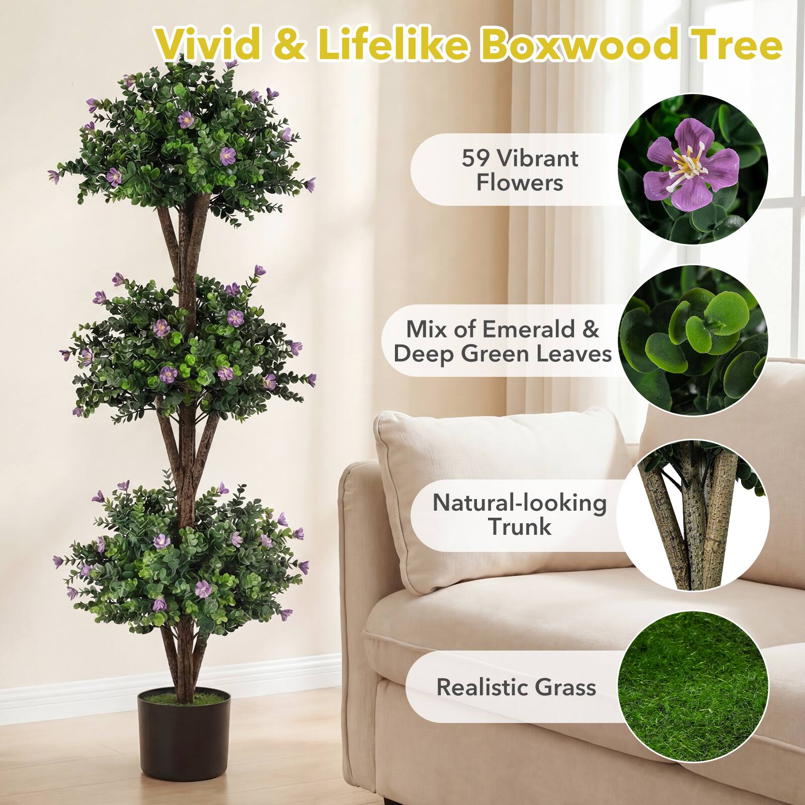 Vivid & Lifelike Boxwood Tree

- 59 Vibrant Flowers
- Mix of Emerald & Deep Green Leaves
- Natural-looking Trunk
- Realistic Grass