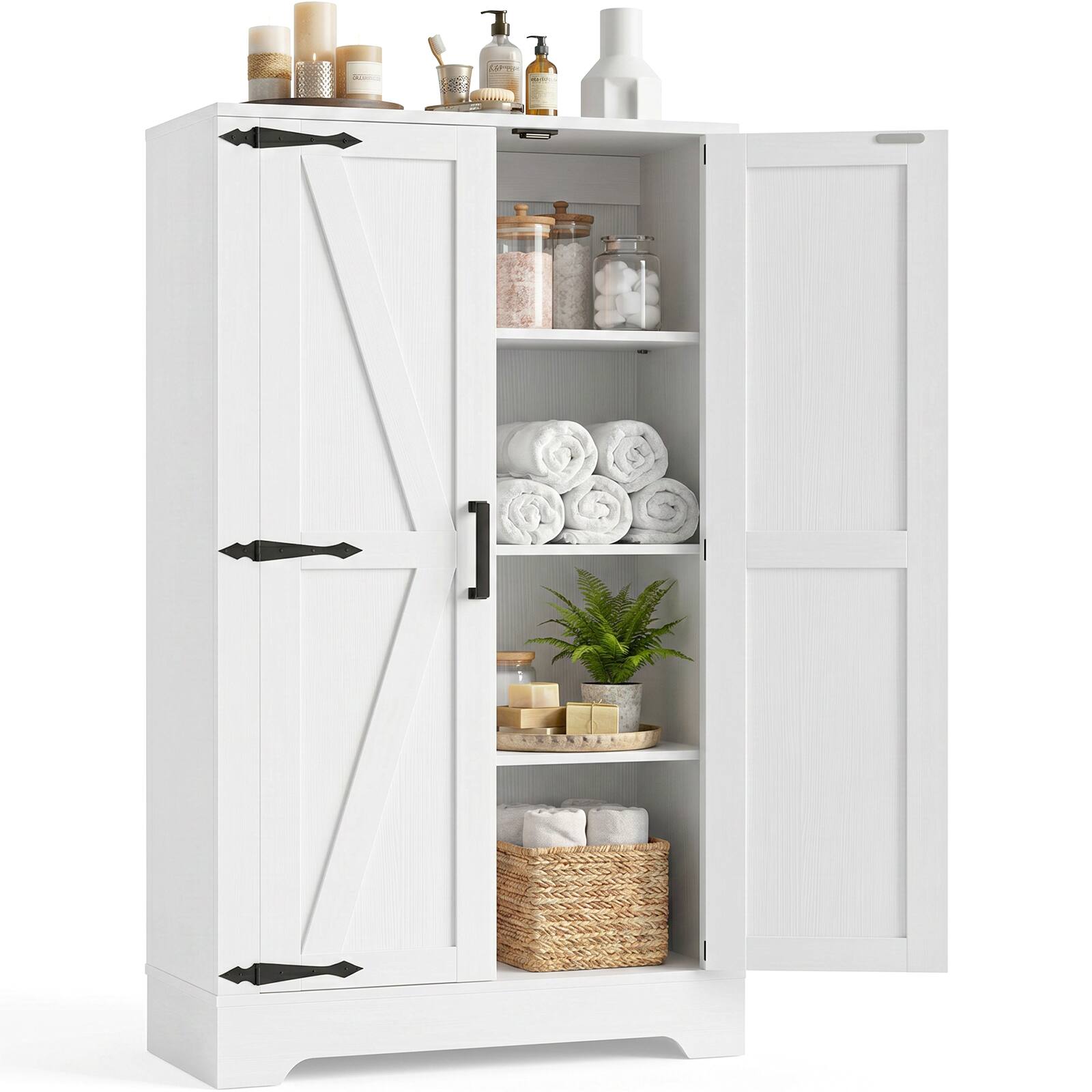 Angle. Aheaplus - Small Bathroom Cabinet with Adjustable Shelves, 43.3'' Tall 2 Door Farmhouse Stoage Cabinet for Organization - White.