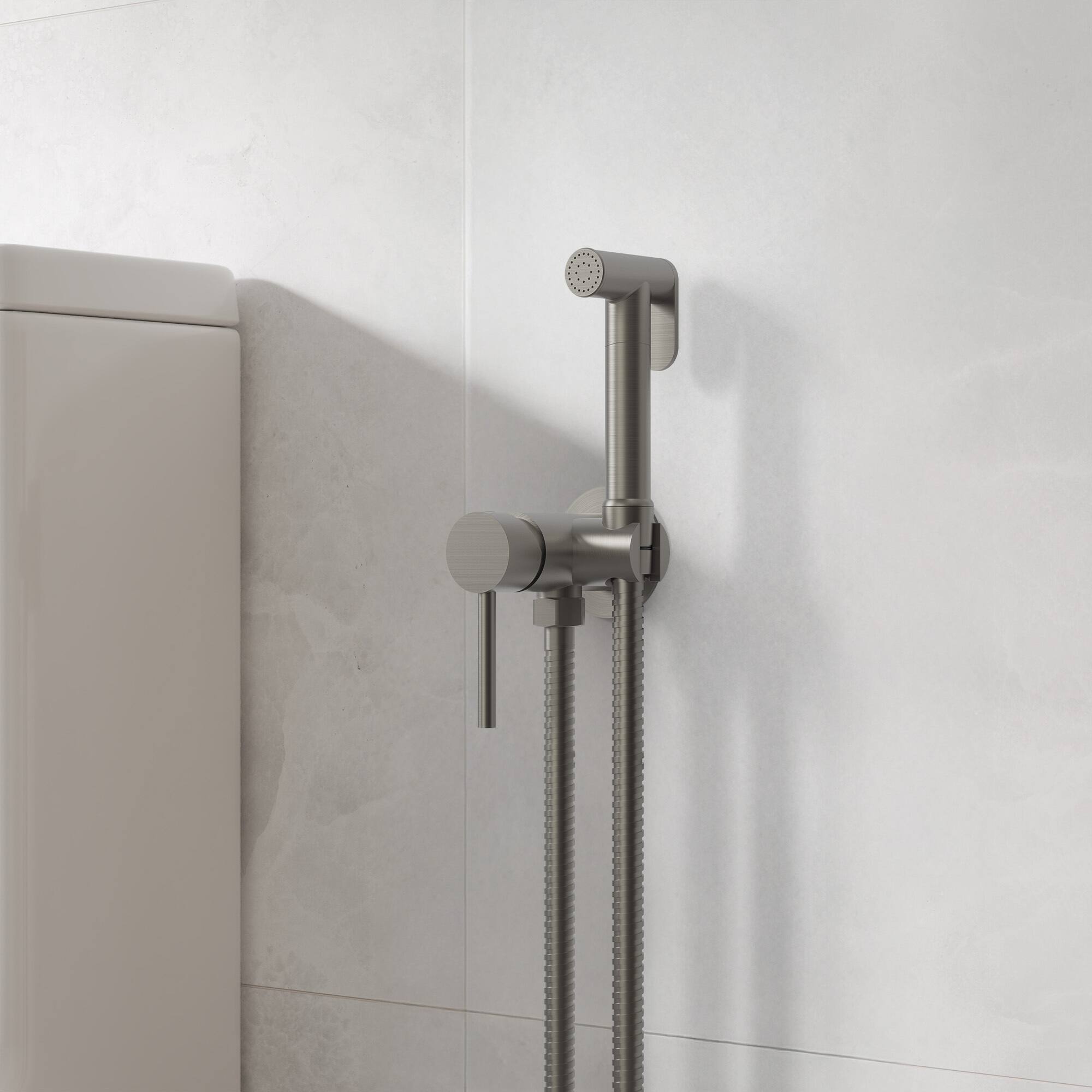 Angle. GRANDJOY - Handheld Bidet Faucet with Hot and Cold Mixing Valve, Wall Mount  - Brushed Nickel.