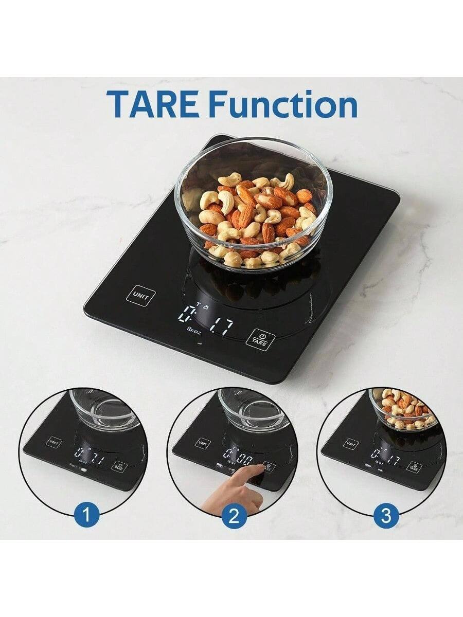 TARE Function

1. Place the empty container on the scale.
2. Press the "TARE" button to zero the scale.
3. Add the ingredients to the container.
