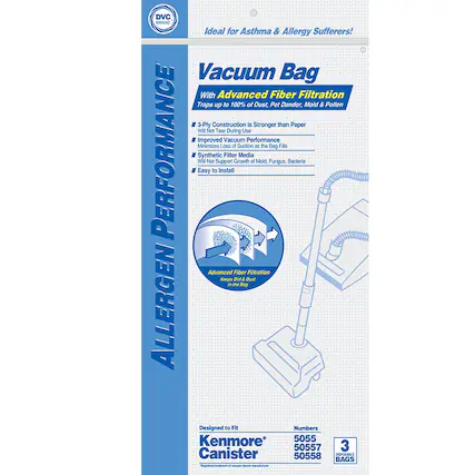 DVC BRAND
Ideal for Asthma & Allergy Sufferers!
Vacuum Bag
With Advanced Fiber Filtration
Traps up to 100% of Dust, Pet Dander, Mold & Pollen
3-Ply Construction is Stronger than Paper
Will Not Tear During Use
Improved Vacuum Performance
Minimizes Loss of Suction as the Bag Fills
Synthetic Filter Media
Will Not Support Growth of Mold, Fungus, Bacteria
Easy to Install
Advanced Fiber Filtration
Keeps Dust and Allergens in the Bag
Designed to Fit
Kenmore* Canister
Numbers: 5055, 50557, 50558
3 BAGS
*Kenmore is a registered trademark of Sears Brands, LLC.