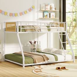Gymax - Metal Bunk Bed Twin Over Full Low Profile Bunkbeds w/ Full Length Safety Guardrail - White