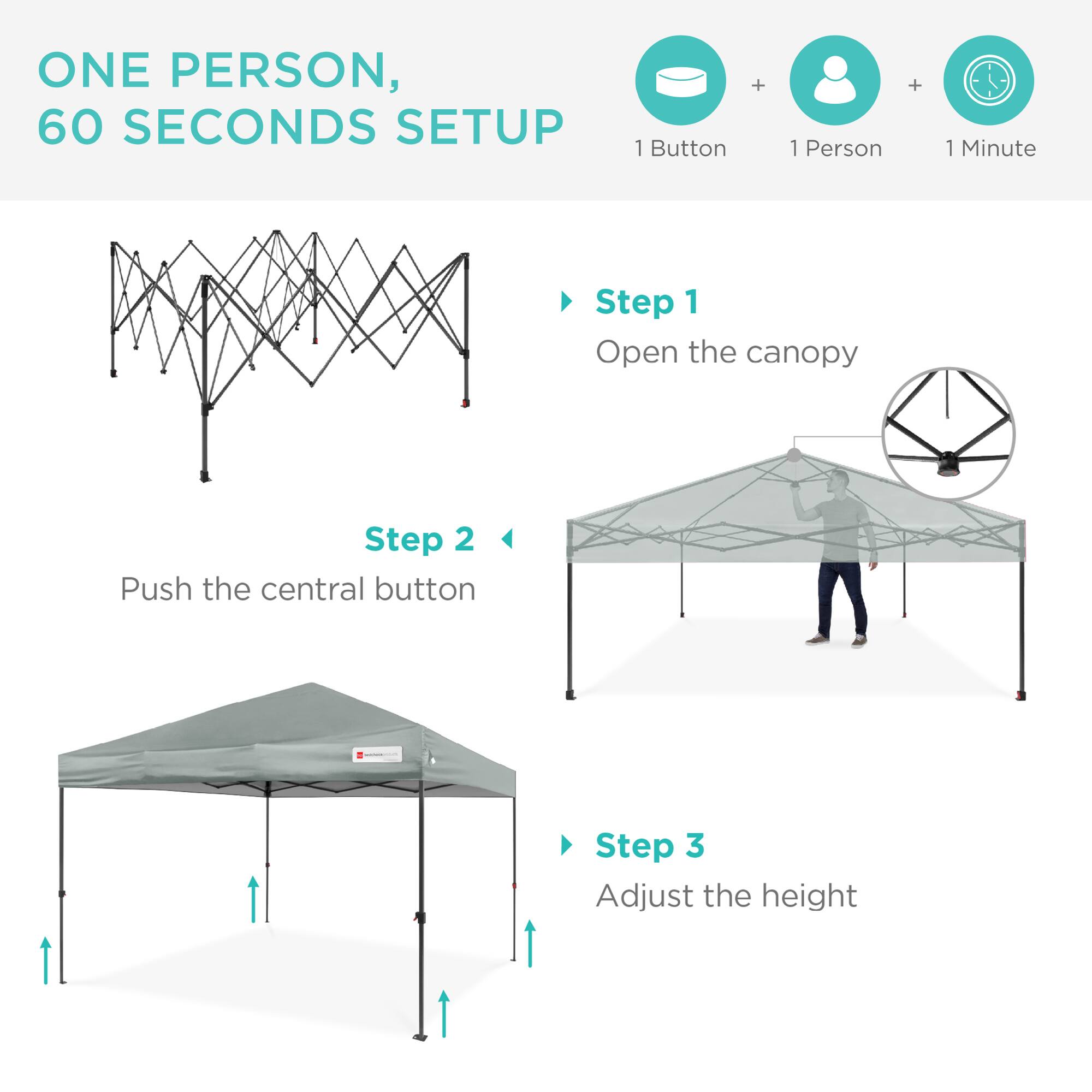 ONE PERSON, 60 SECONDS SETUP

1 Button + 1 Person + 1 Minute

Step 1
Open the canopy

Step 2
Push the central button

Step 3
Adjust the height