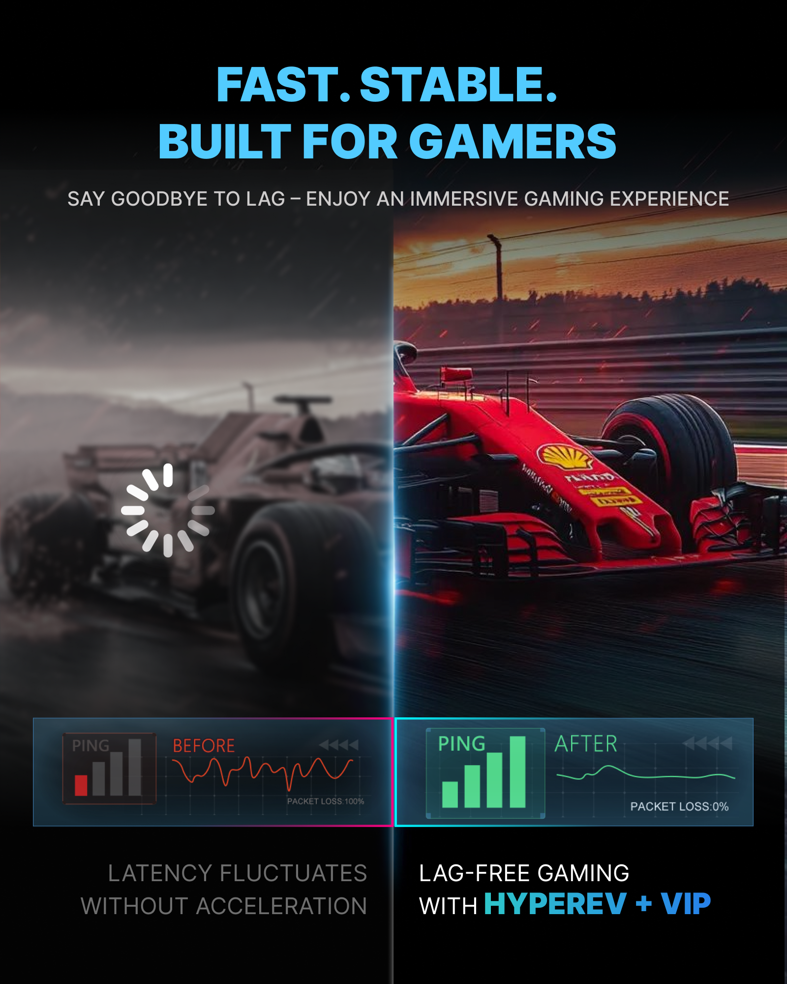 FAST. STABLE.  
BUILT FOR GAMERS  

SAY GOODBYE TO LAG – ENJOY AN IMMERSIVE GAMING EXPERIENCE  

PING BEFORE  
LATENCY FLUCTUATES WITHOUT ACCELERATION  

PING AFTER  
LAG-FREE GAMING WITH HYPEREV + VIP  

PACKET LOSS: 100%  
PACKET LOSS: 0%