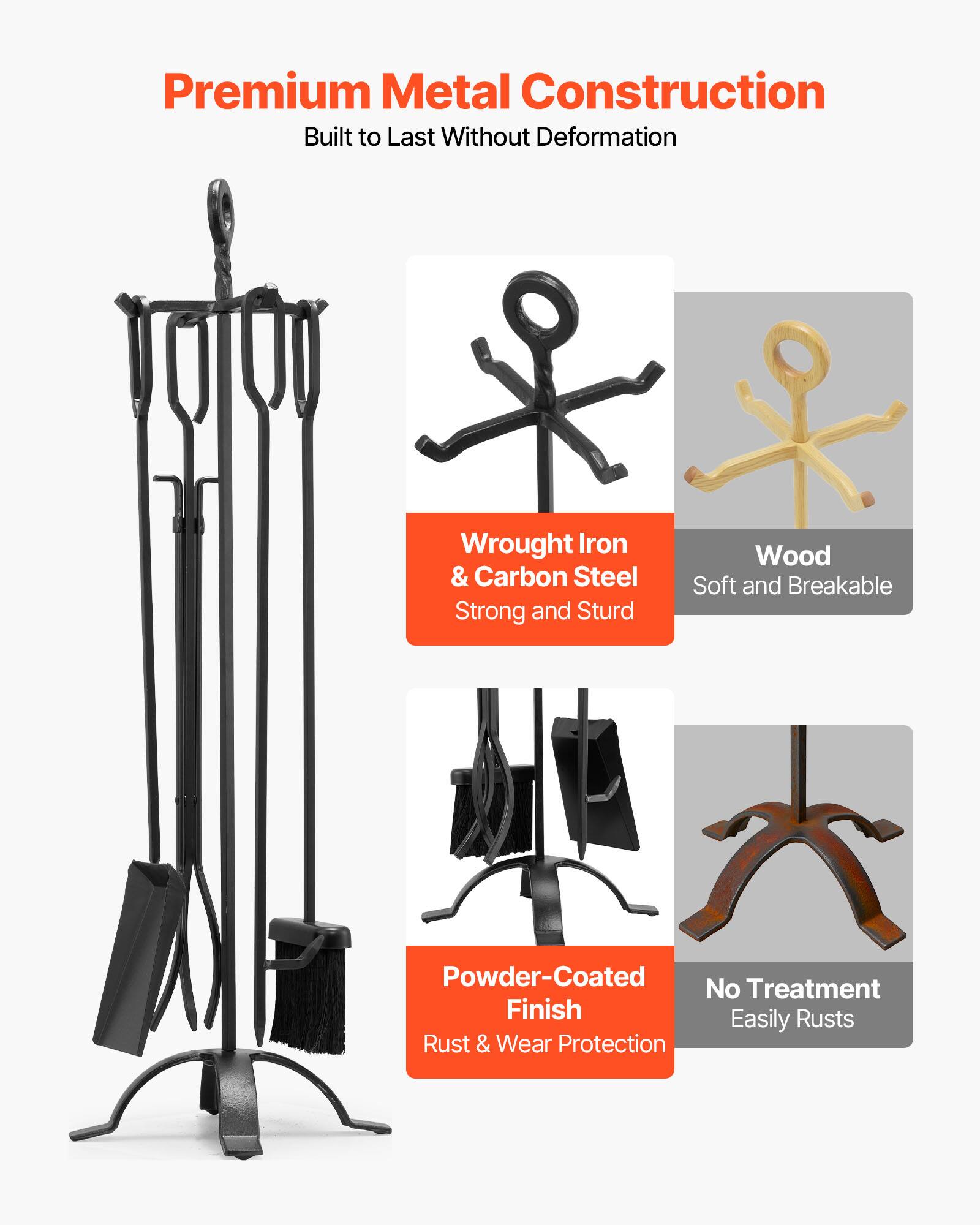 Premium Metal Construction  
Built to Last Without Deformation  

Wrought Iron & Carbon Steel  
Strong and Sturd  

Wood  
Soft and Breakable  

Powder-Coated Finish  
Rust & Wear Protection  

No Treatment  
Easily Rusts