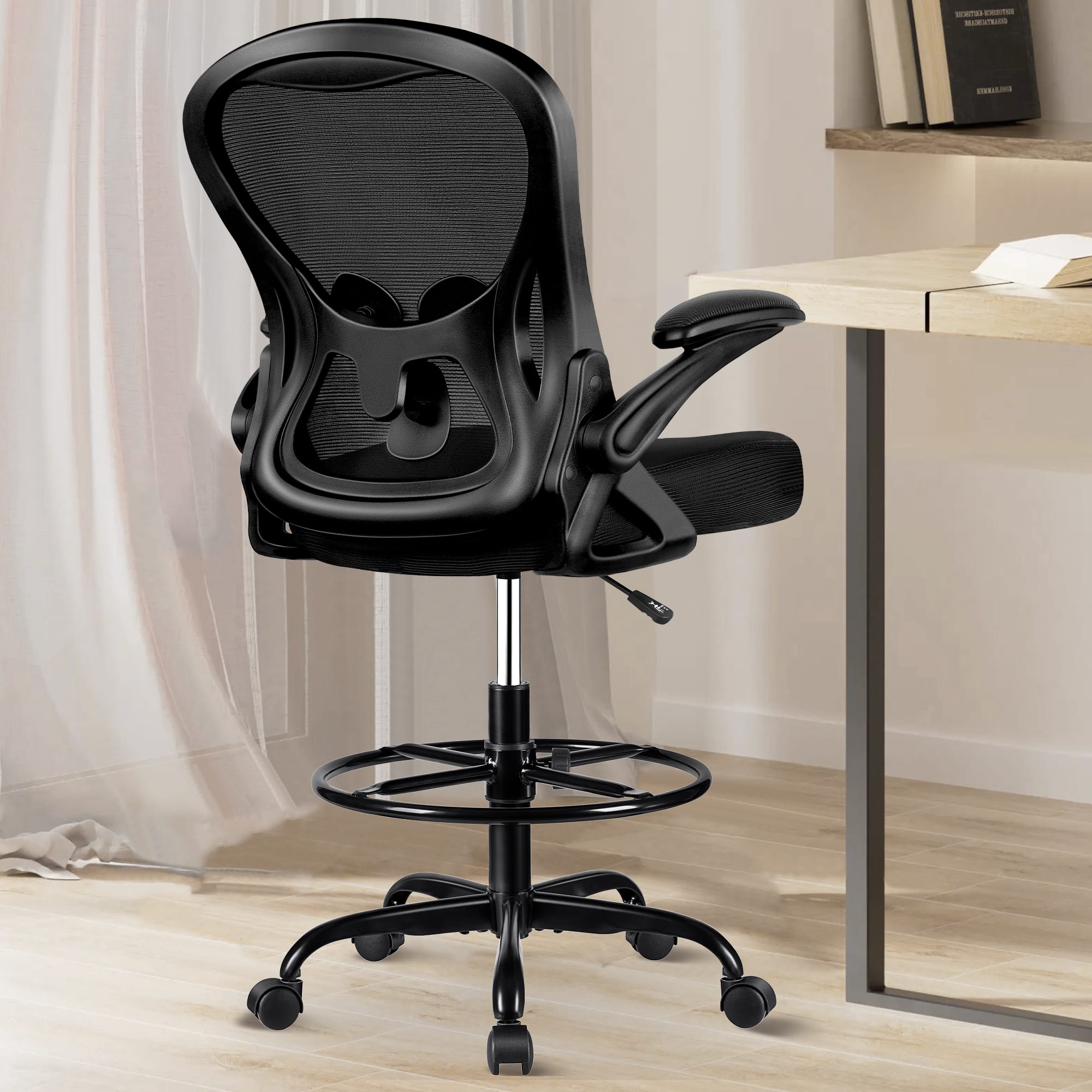 Front. Brick Attic - Drafting Chair, Tall Office Chair Ergonomic Desk Chair, Task Rolling Chair with Adjustable Flip-up Armrests Foot Ring - Black.
