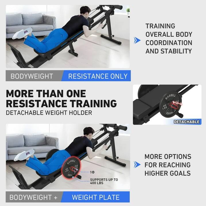 TRAINING OVERALL BODY COORDINATION AND STABILITY
BODYWEIGHT + WEIGHT PLATE
MORE THAN ONE RESISTANCE TRAINING
DETACHABLE WEIGHT HOLDER
MORE OPTIONS FOR REACHING HIGHER GOALS
BODYWEIGHT + WEIGHT PLATE
BARBELL 45 LBS GUYON DETACHABLE
SUPPORTS UP TO 400 LBS
BODYWEIGHT + WEIGHT PLATE