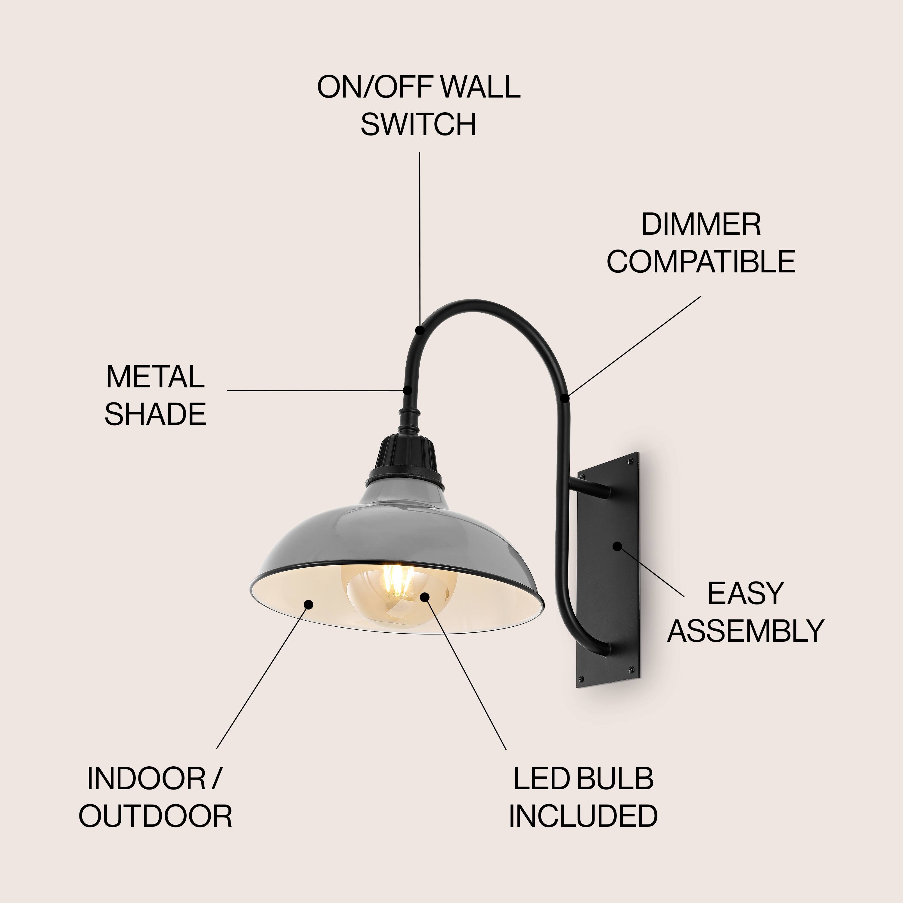 ON/OFF WALL SWITCH, DIMMER COMPATIBLE, METAL SHADE, EASY ASSEMBLY, INDOOR/OUTDOOR, LED BULB INCLUDED