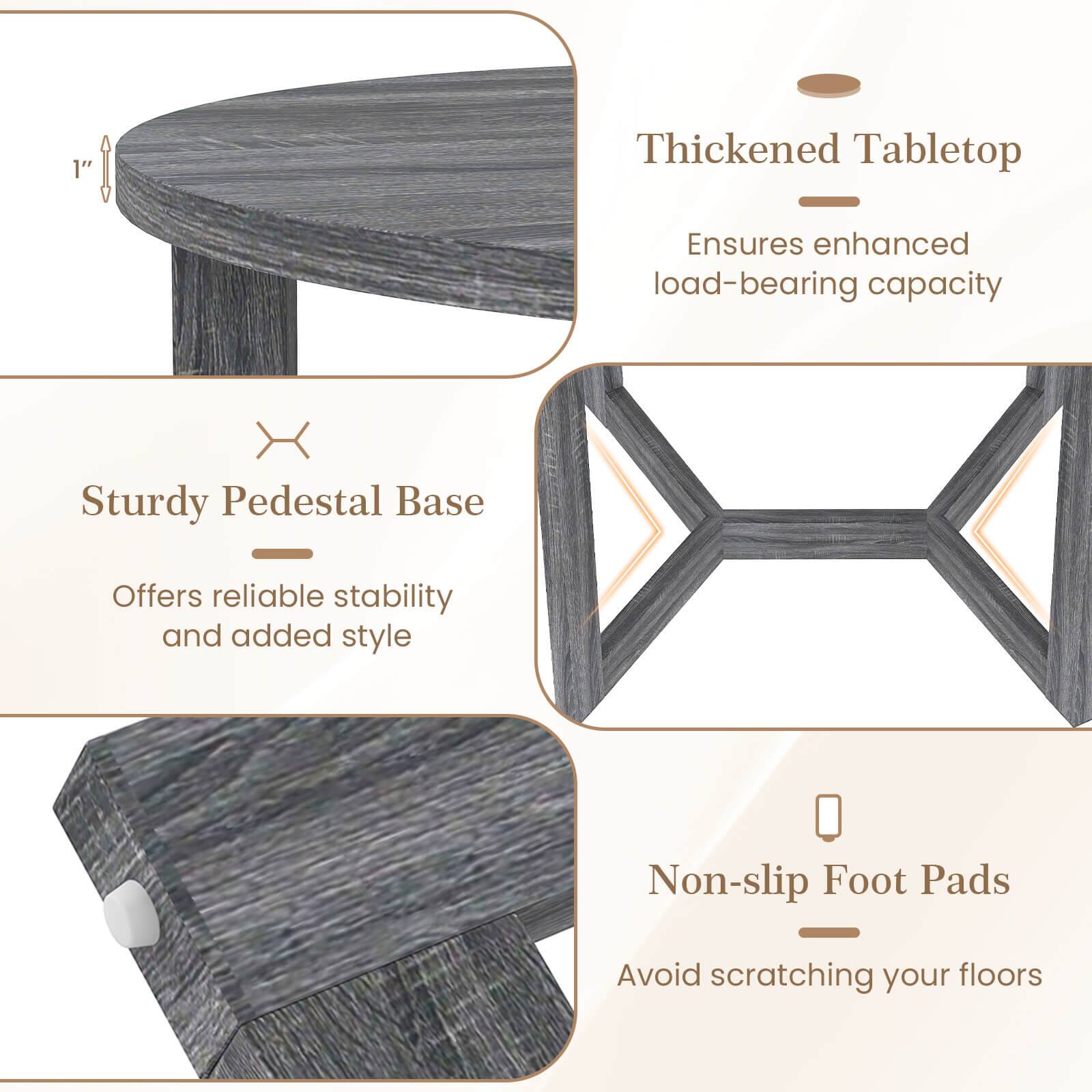 The text on the image is grouped and corrected as follows:

1. Thickened Tabletop: Ensures enhanced load-bearing capacity
2. Sturdy Pedestal Base: Offers reliable stability and added style
3. Non-slip Foot Pads: Avoid scratching your floors

The text is organized in a way that highlights the main features and benefits of the table.