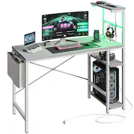 Bestier - 42-inch Gaming Desk with RGB Lights, Ergonomic Monitor Stand & Accessory Storage - Gray Carbon Fiber