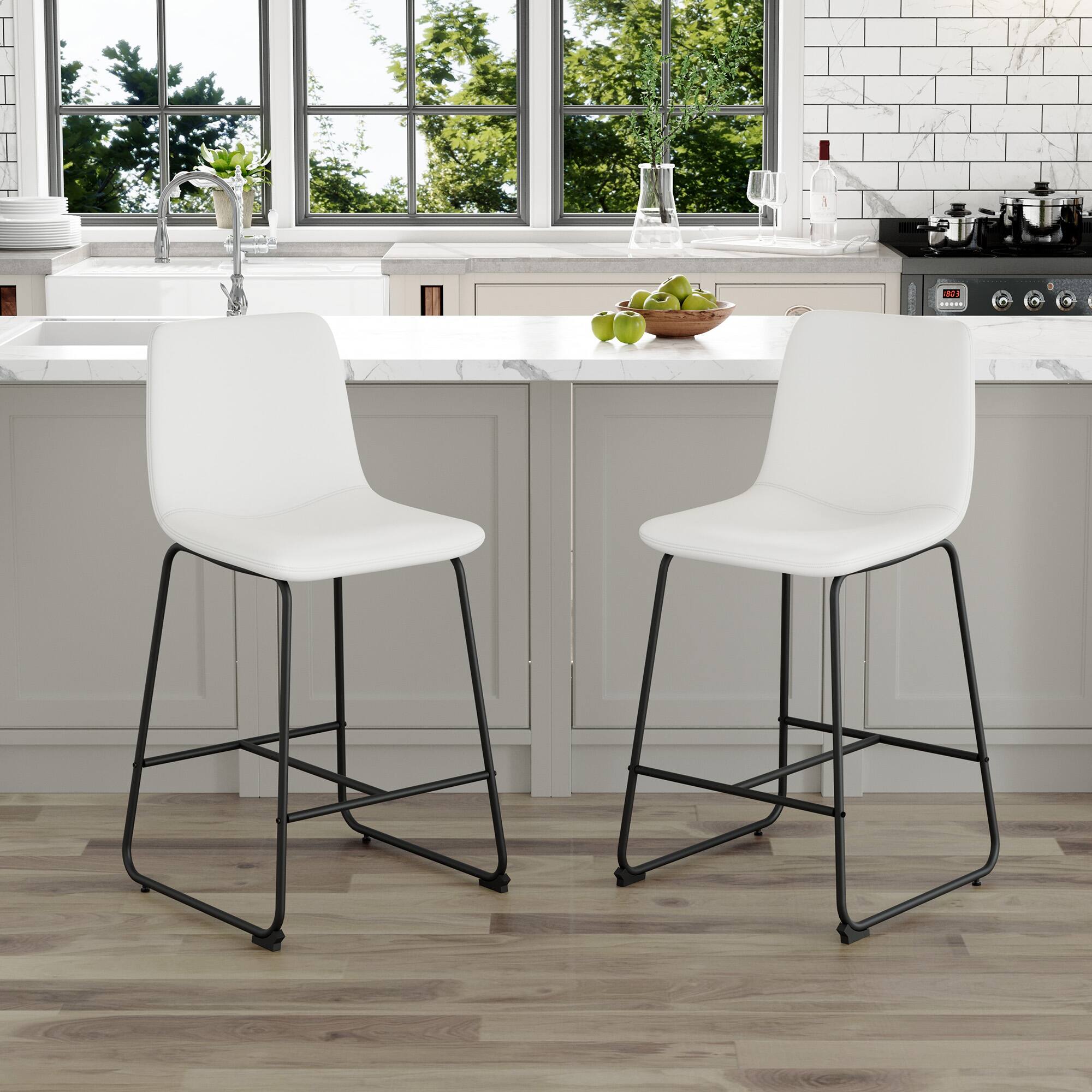 APRILSOUL - Set of 2 Modern Minimalist PU Bar Stools Kitchen Bar Modern Home Design - White