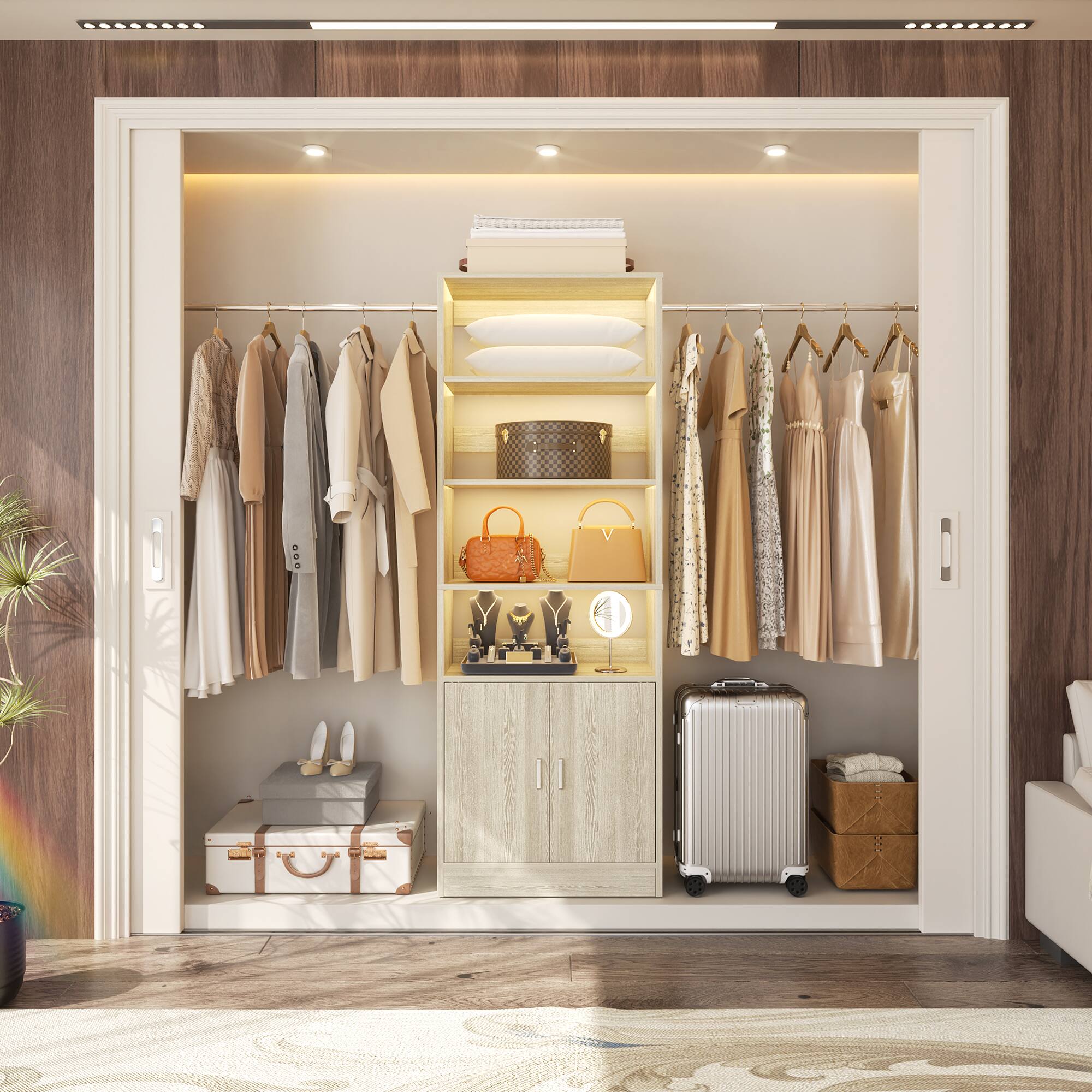 Back. Aheaplus - 8FT Heavy Duty Wall-Mount Closet Organizer System ,Adj Shelves, Hanging Rods & Storage Cabinet - White Oak.