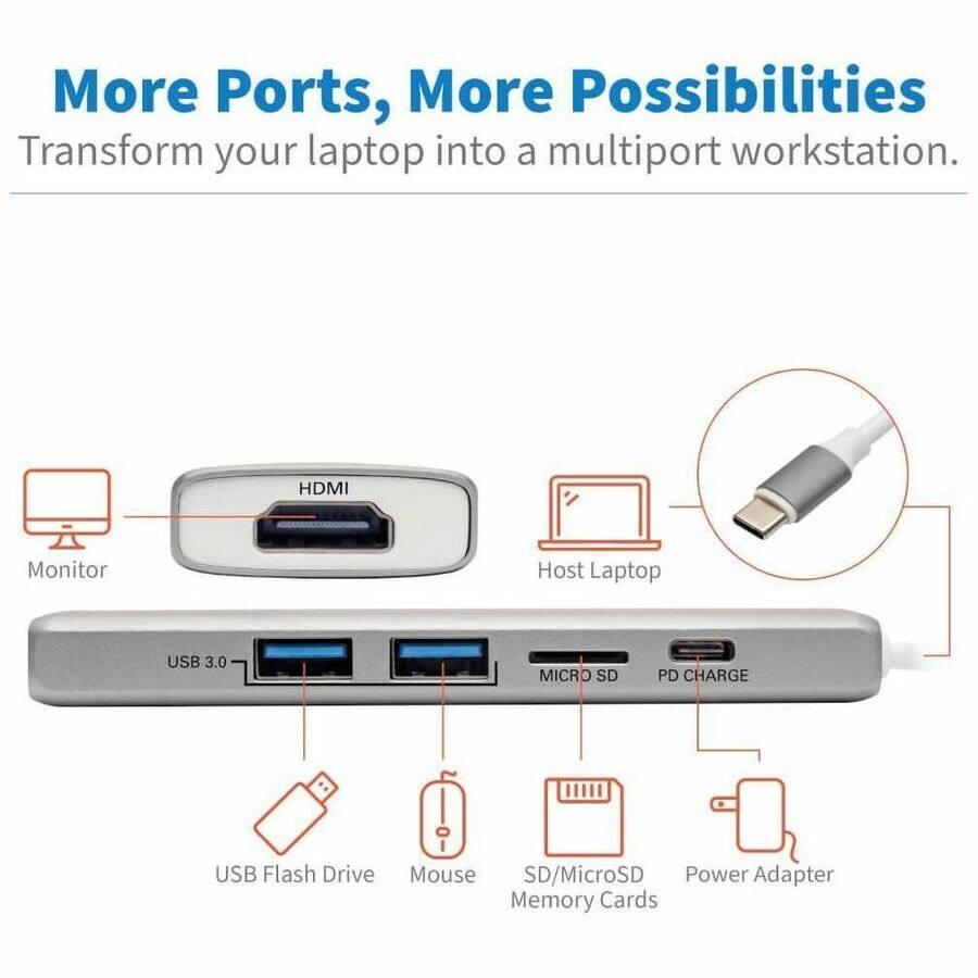 More Ports, More Possibilities  
Transform your laptop into a multiport workstation.  

- HDMI  
- Monitor  
- Host Laptop  
- USB 3.0  
- USB Flash Drive  
- Mouse  
- MICRO SD  
- SD/MicroSD Memory Cards  
- PD CHARGE  
- Power Adapter